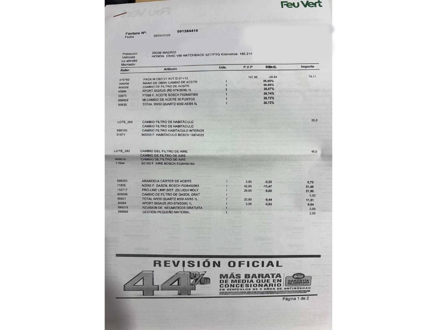 Foto del mantenimiento del Honda Civic Honda Civic 2.2 i-CTDi Executive Textil  (140 CV)