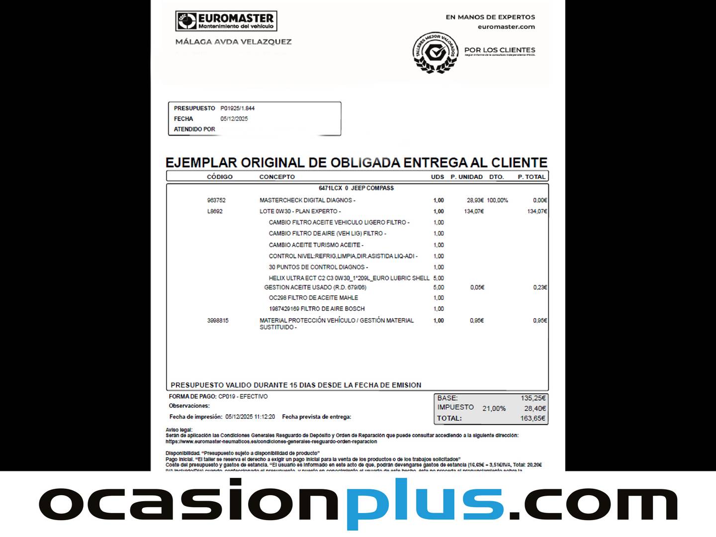 Foto del mantenimiento del Jeep Compass Jeep Compass 1.6 Multijet Longitude 4x2 (120 CV)