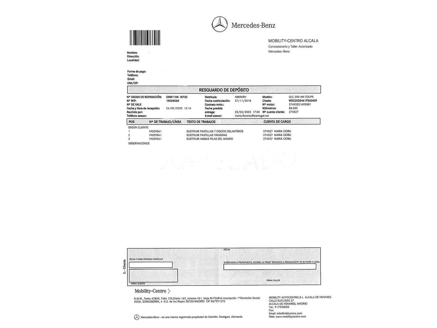 Foto del mantenimiento del Mercedes GLC Coupé Mercedes GLC Coupé 250 4Matic (211 CV)
