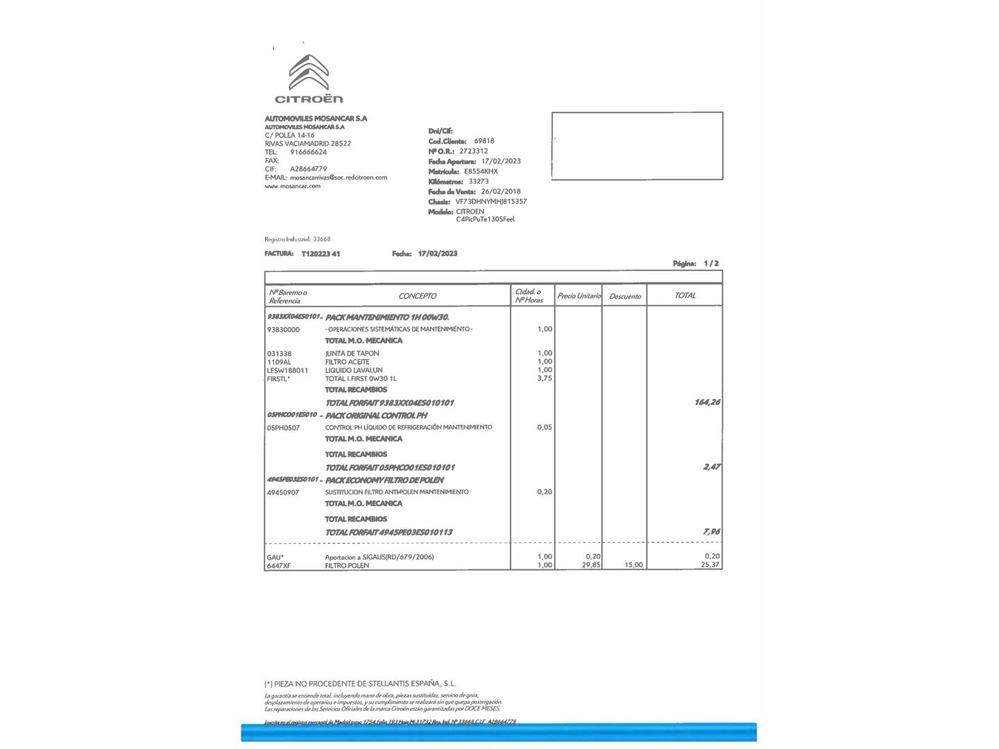 Foto del mantenimiento del Citroën C4 Picasso Citroen C4 Picasso PureTech 130 S&S Feel (130 CV)