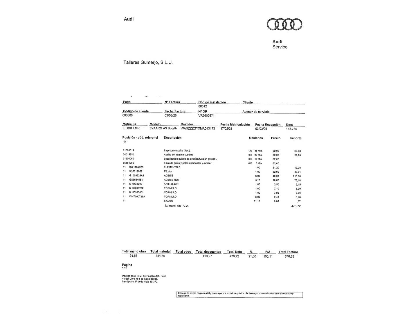 Foto del mantenimiento del Audi A3 Audi A3 Sportback 35 TDI (150 CV) S tronic