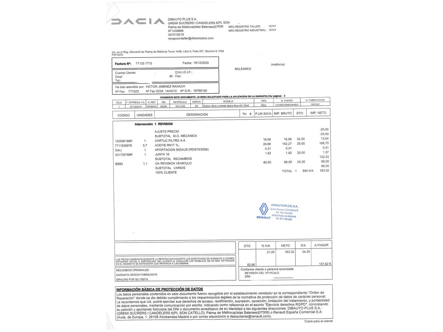 Foto del mantenimiento del Dacia Dokker Dacia Dokker Serie Limitada Xplore Blue dCi (95 CV)