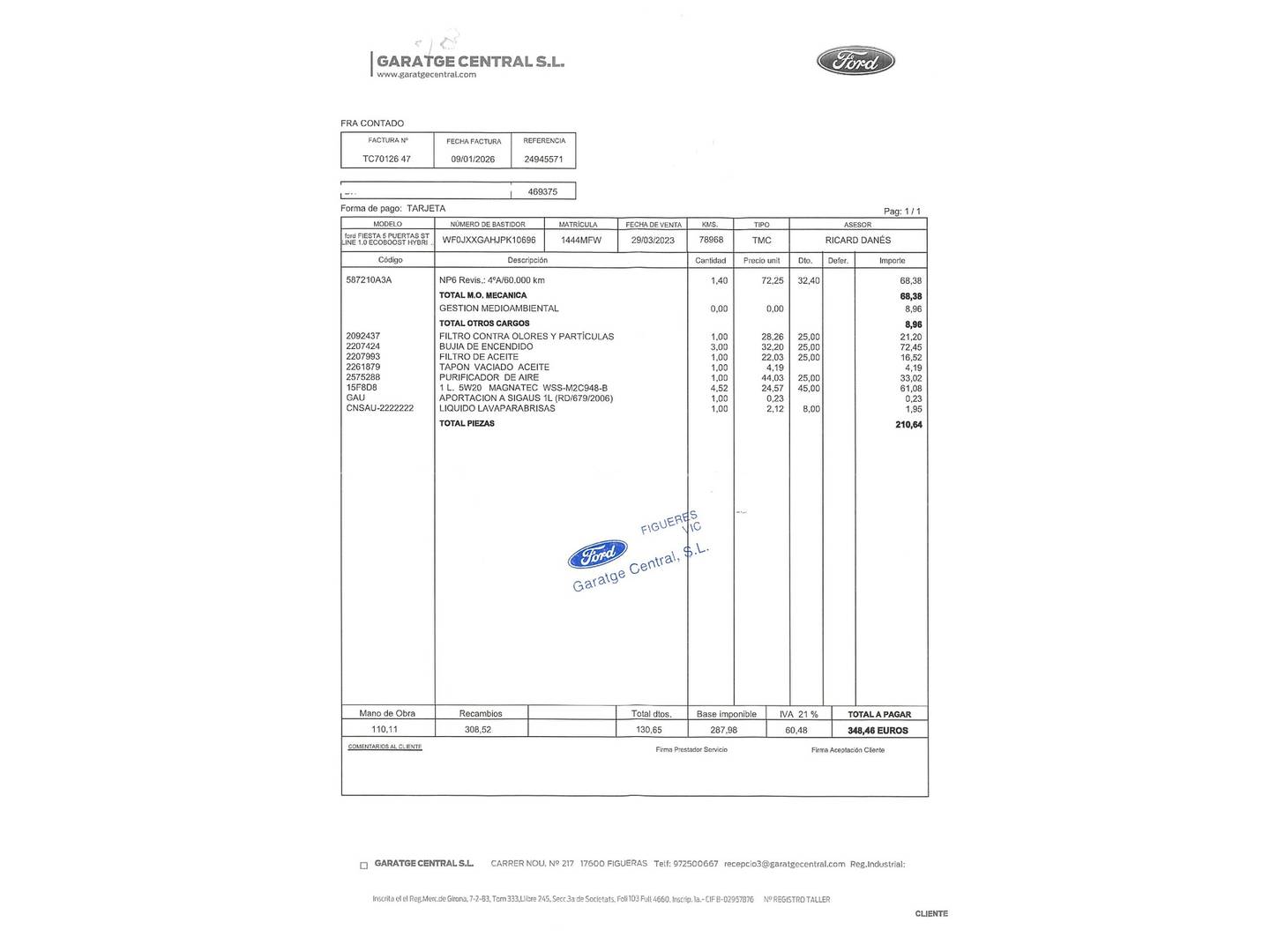 Foto del mantenimiento del Ford Fiesta Ford Fiesta 1.0 EcoBoost MHEV ST-Line (125 CV)