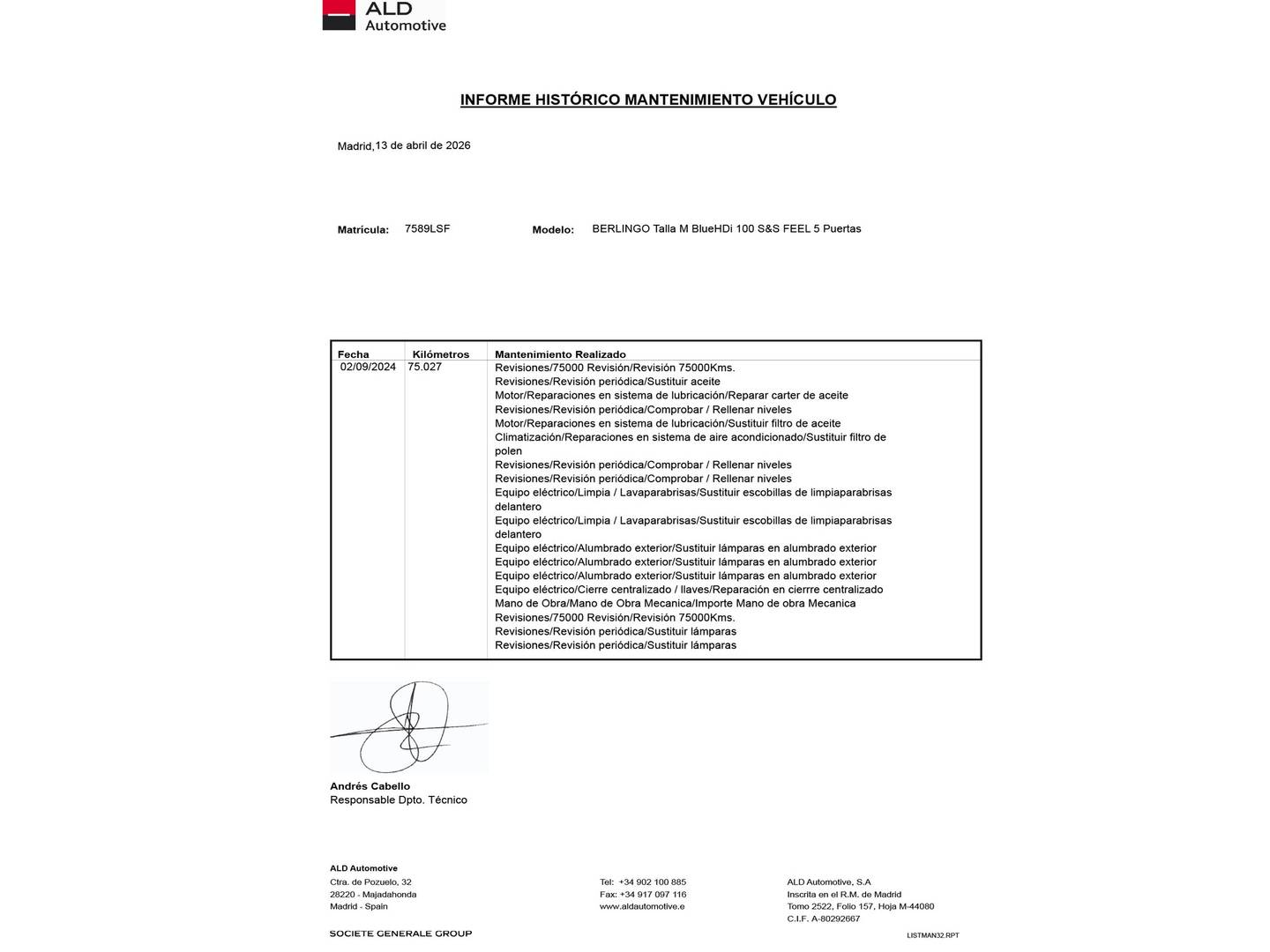 Foto del mantenimiento del Citroën Berlingo Citroën Berlingo BlueHDi 100 Talla M Live Pack (102 CV)