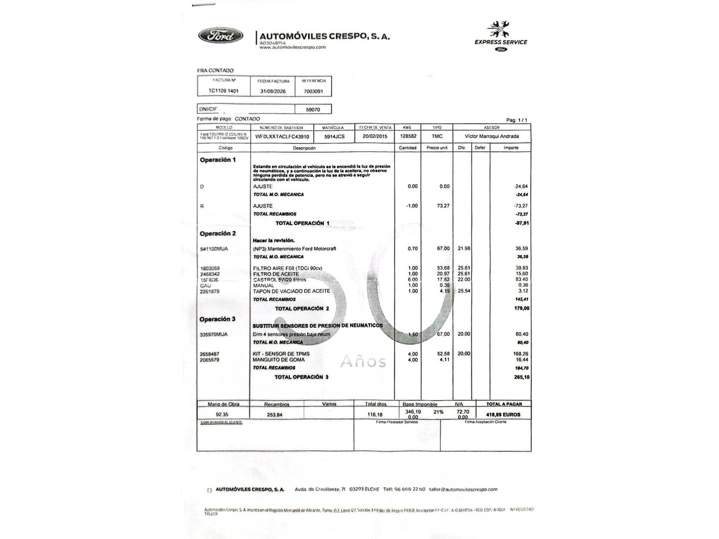 Foto del mantenimiento del Ford Tourneo Courier Ford Tourneo Courier 1.0 EcoBoost Trend (100 CV)
