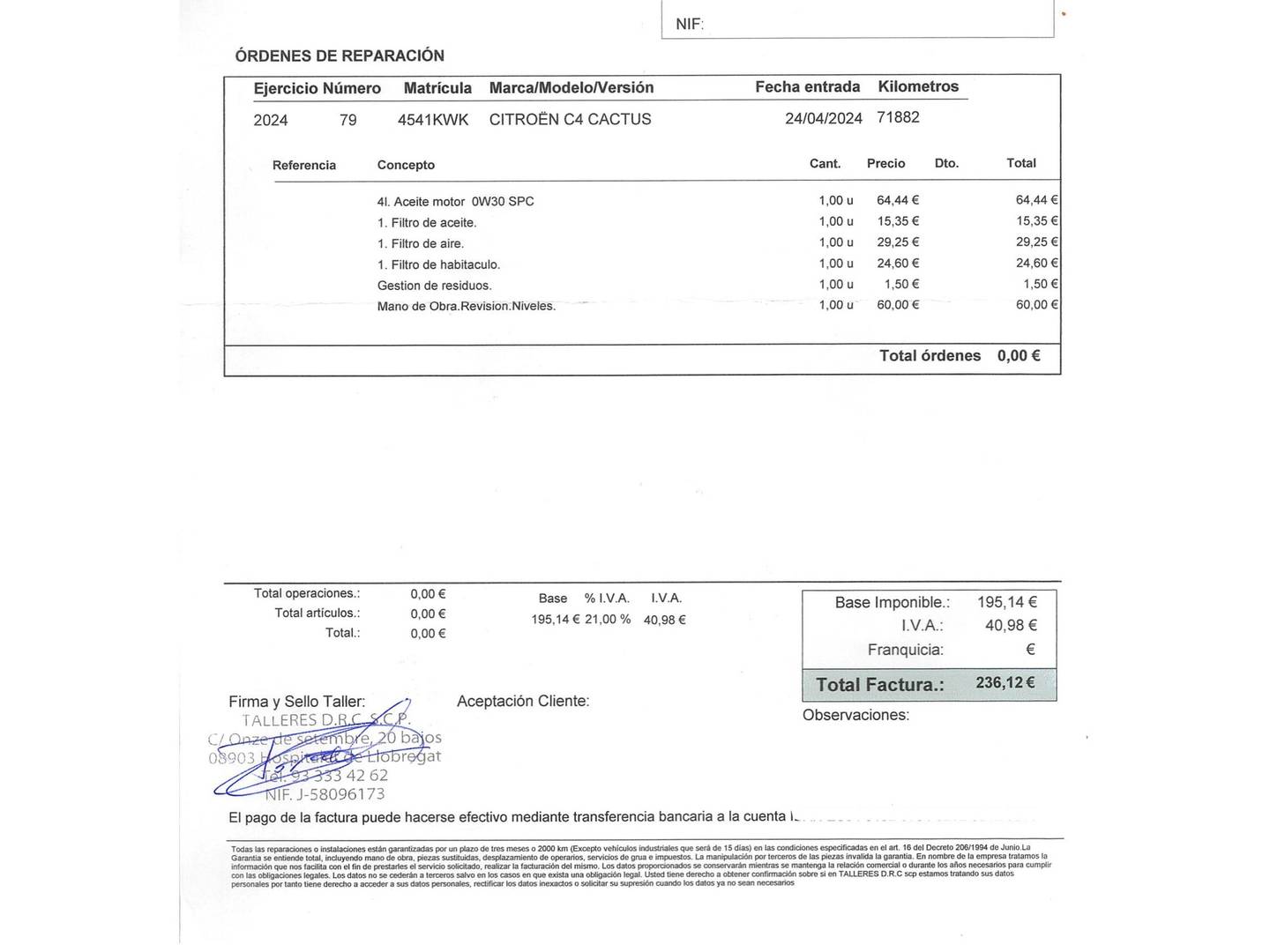 Foto del mantenimiento del Citroën C4 Cactus Citroën C4 Cactus BlueHDi 100 S&S Feel (99 CV)
