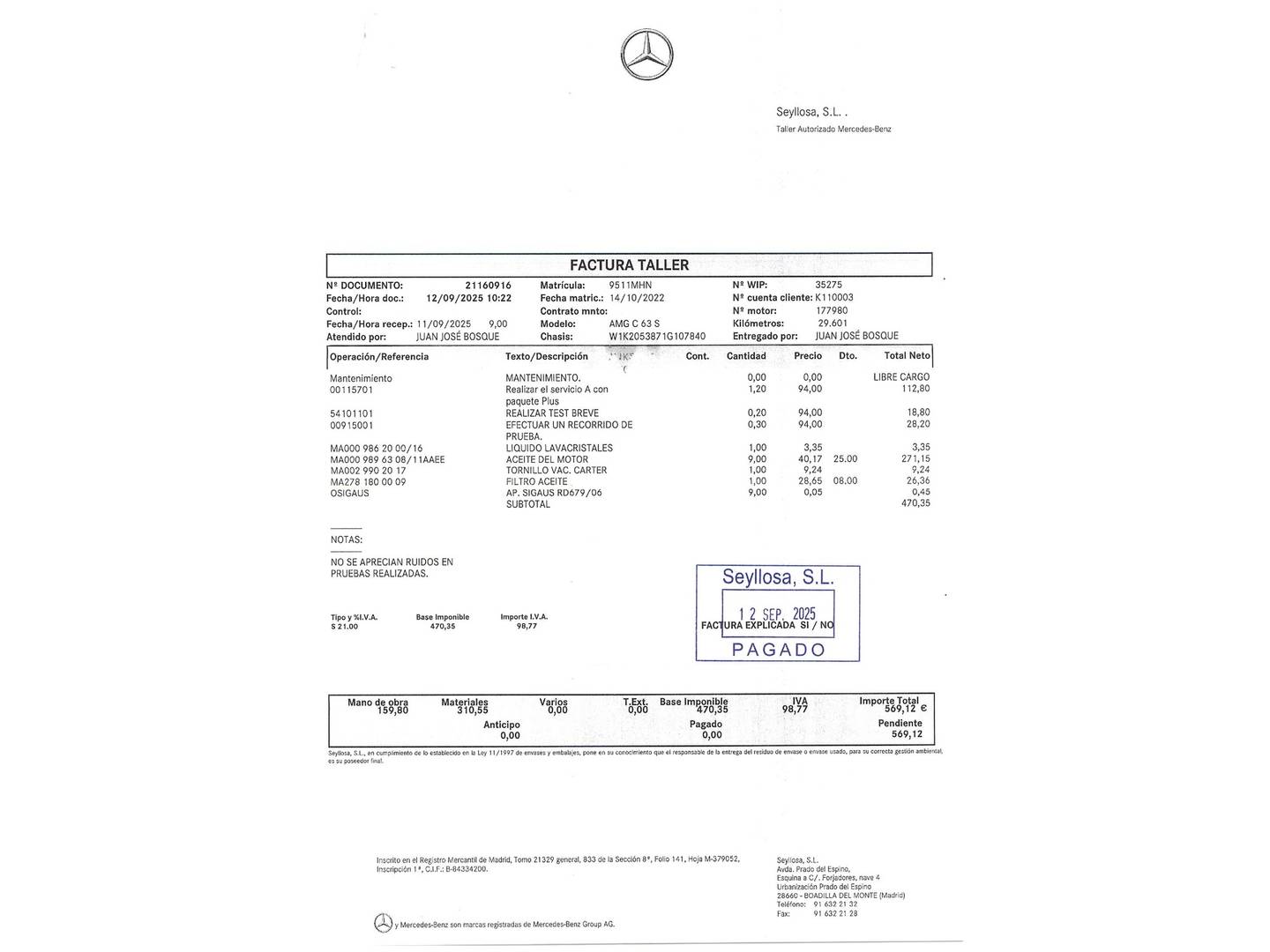 Foto del mantenimiento del Mercedes Clase C Mercedes Clase C Coupé 63 S Mercedes-AMG (510 CV)