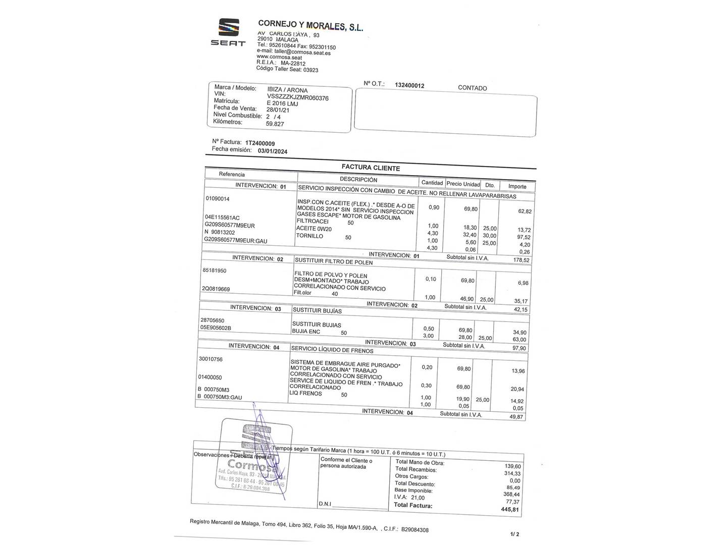 Foto del mantenimiento del Seat Ibiza Seat Ibiza 1.0 TSI FR (110 CV)