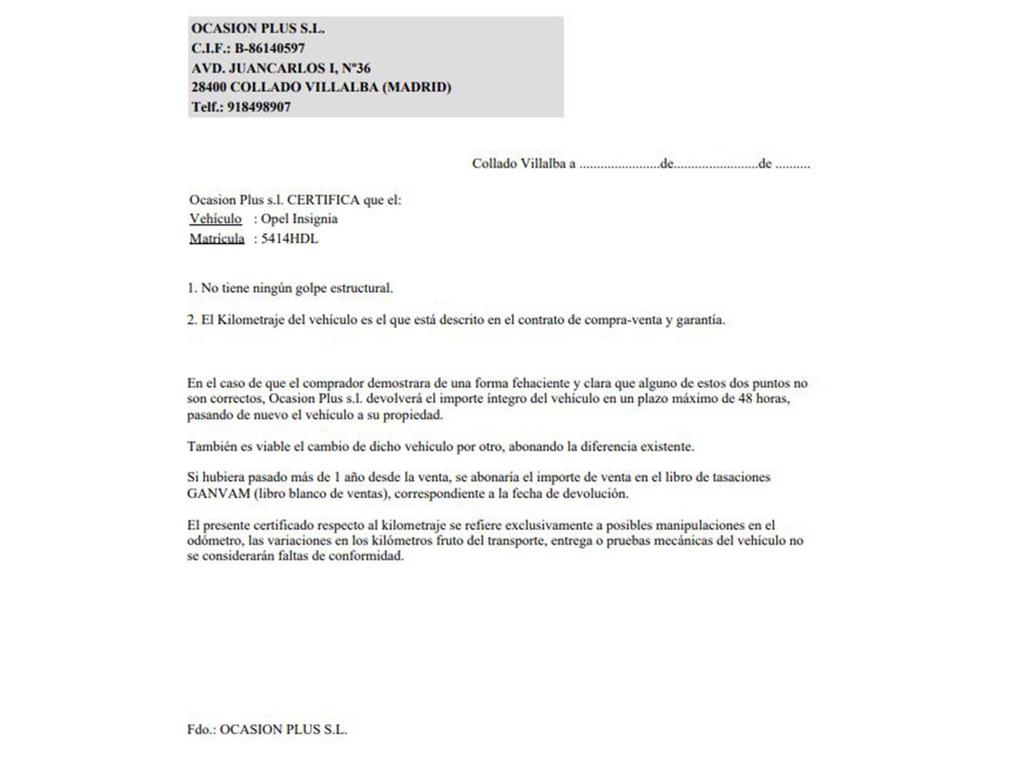Foto del certificado del Opel Insignia Opel Insignia 1.8 16v Edition (140 CV)