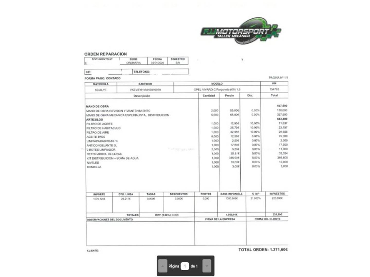 Foto del mantenimiento del Opel Vivaro Opel Vivaro Furgon 1.5 Diesel M Standard Select (120 CV)