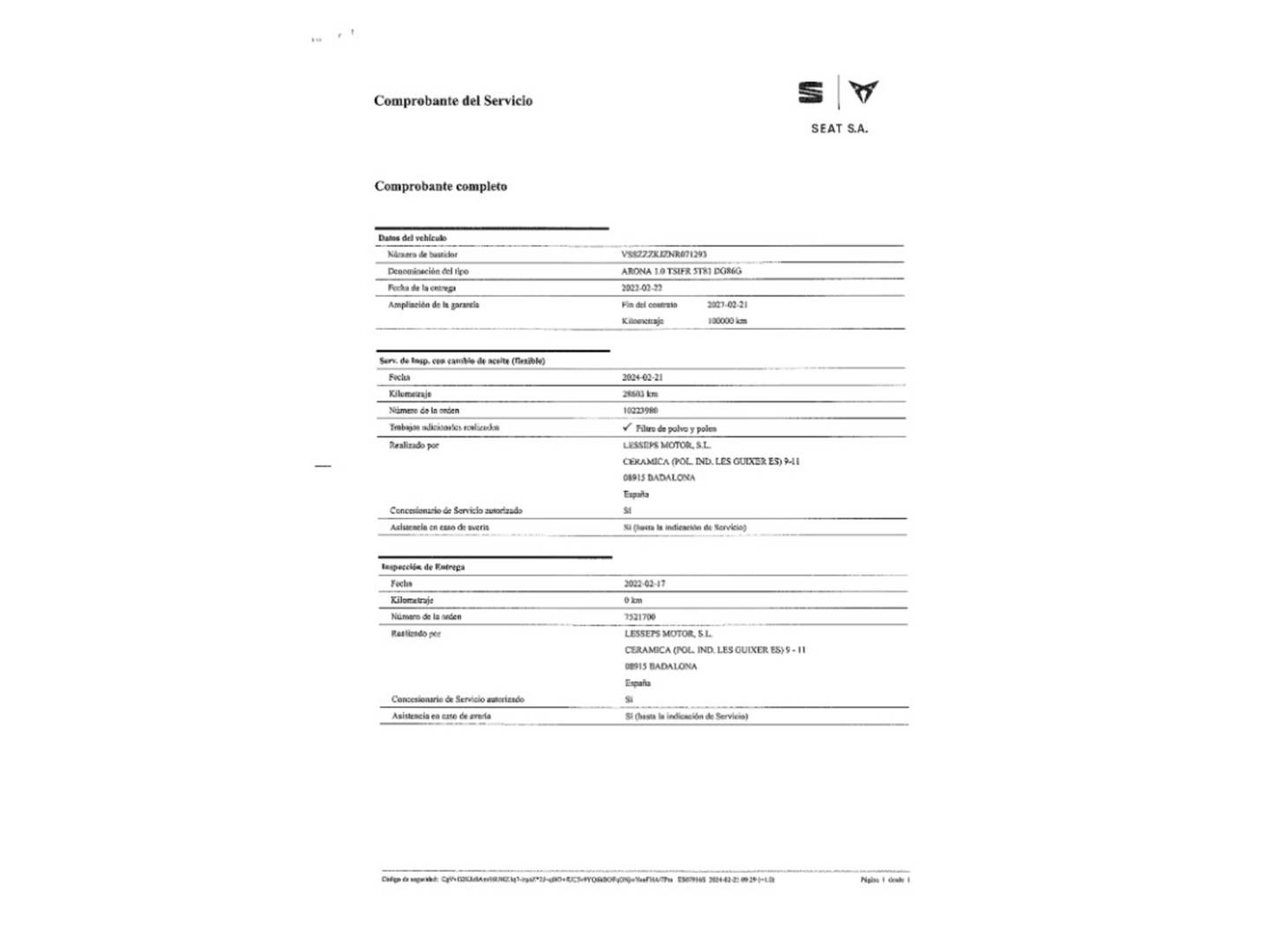 Foto del mantenimiento del Seat Arona SEAT Arona 1.0 TSI S&S FR Plus (110 CV)