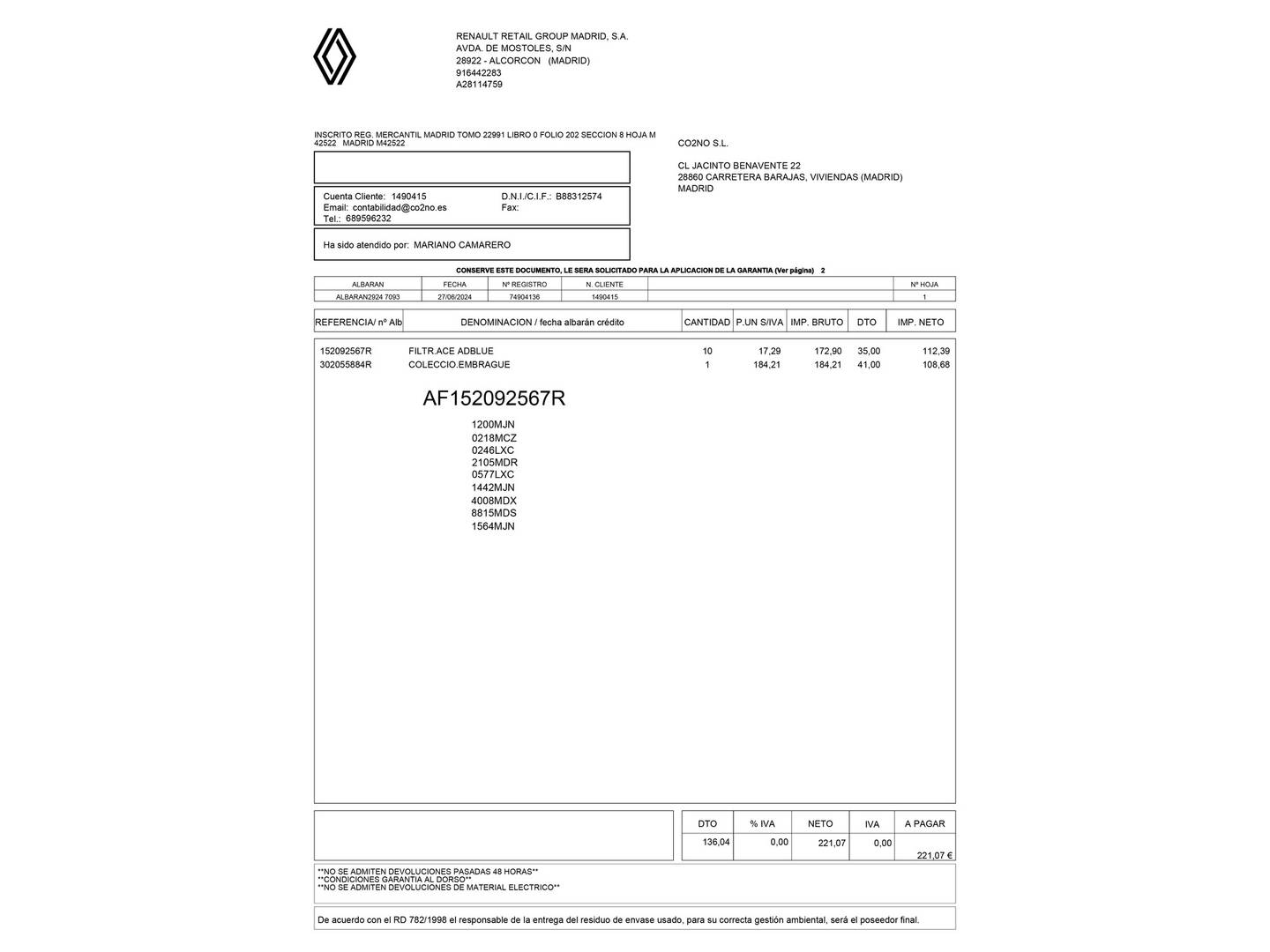 Foto del mantenimiento del Renault Master Renault Master Furgon L3H2 3500 Energy RG dCi (145 CV)