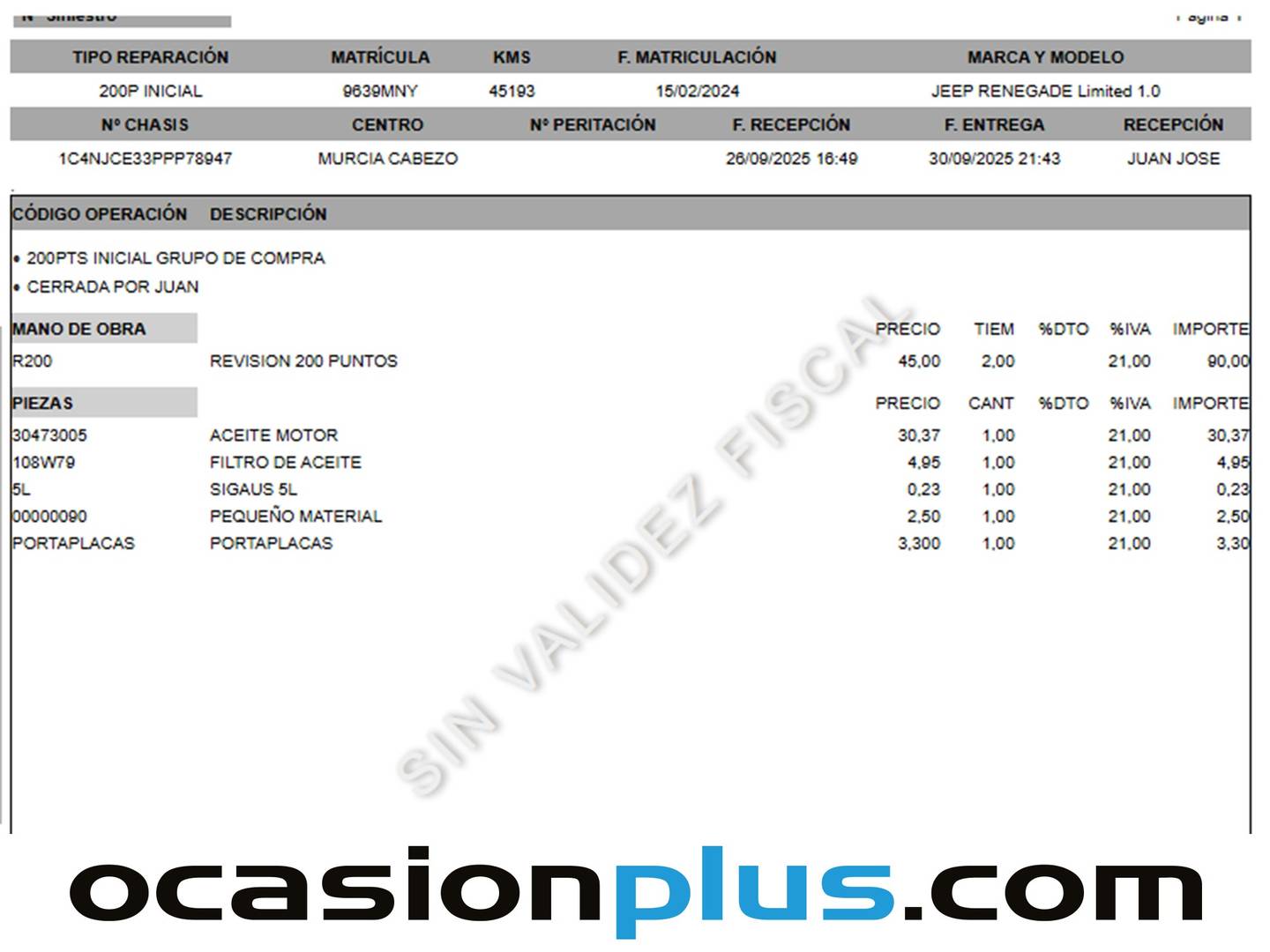Foto del mantenimiento del Jeep Renegade Jeep Renegade 1.0G Limited 4x2 (120 CV)