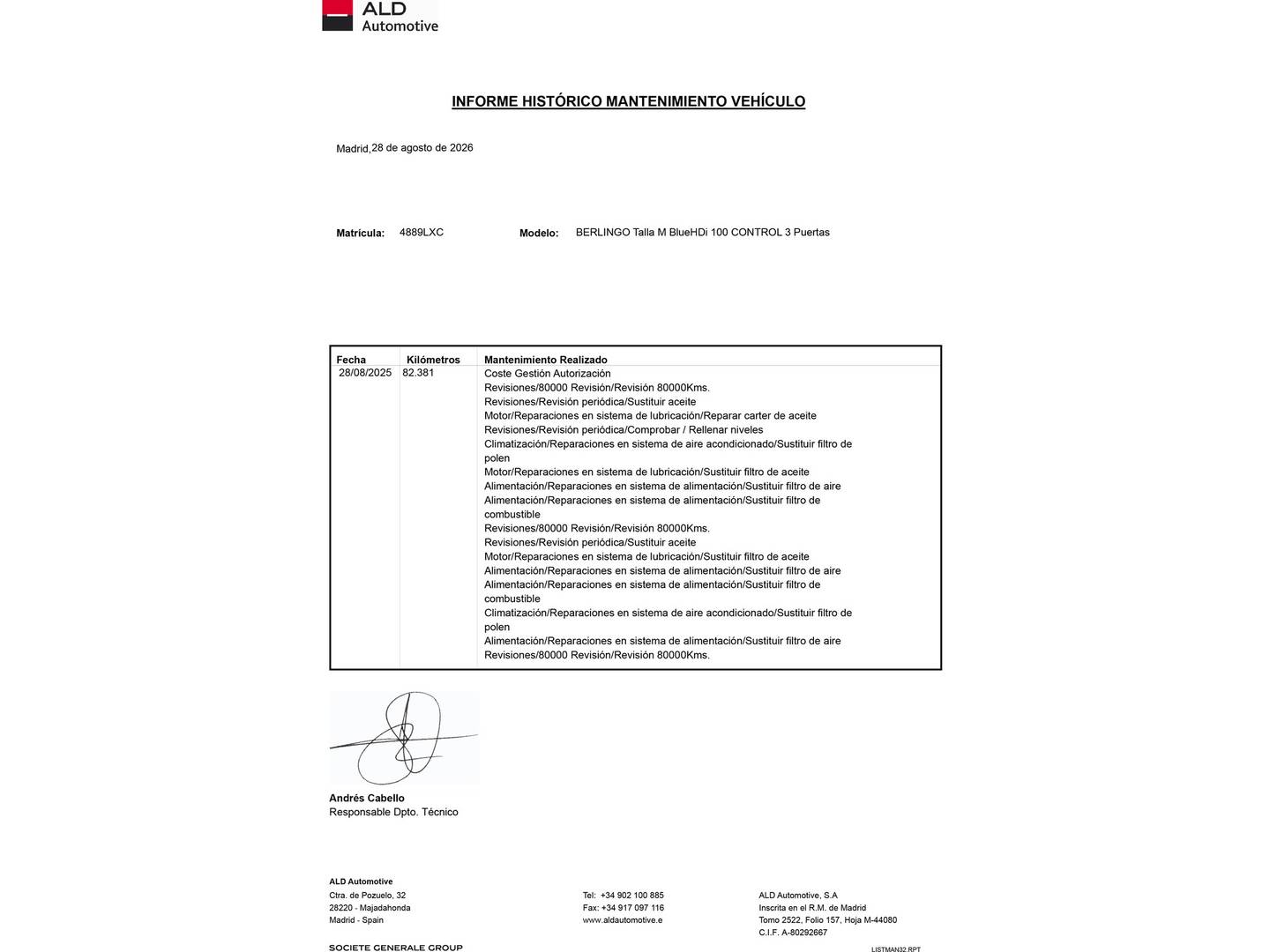 Foto del mantenimiento del Citroën Berlingo Citroën Berlingo Furgon BlueHDi 100 Talla M Control (102 CV)