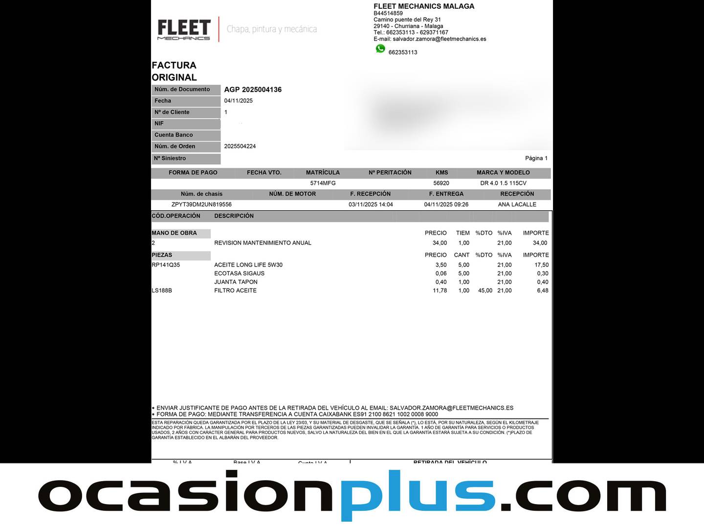 Foto del mantenimiento del DR AUTOMOBILES DR 4.0 DR AUTOMOBILES DR4 1.5 (116 CV)