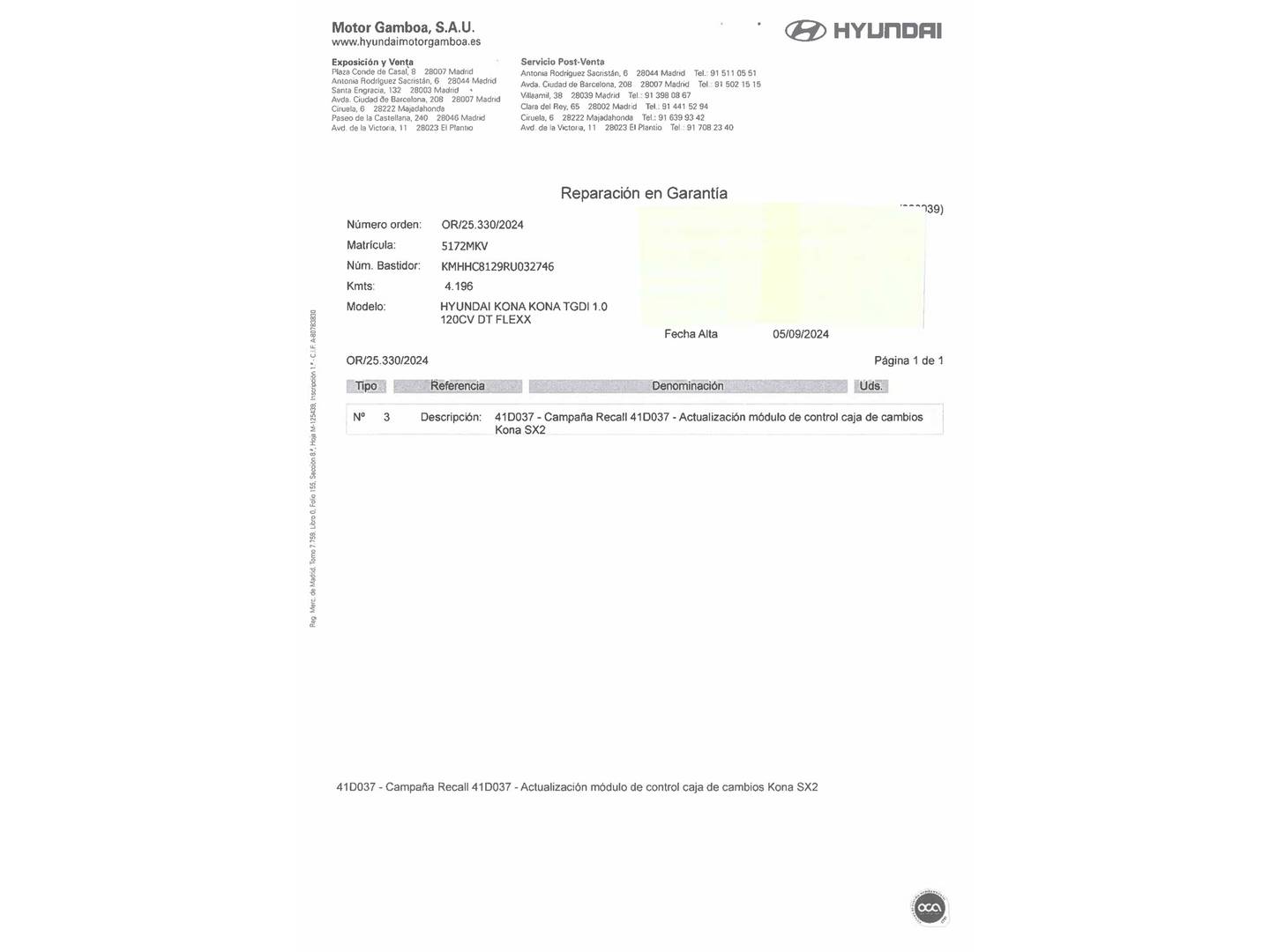 Foto del mantenimiento del Hyundai Kona Hyundai Kona 1.0 TGDi Flexx DCT (120 CV)