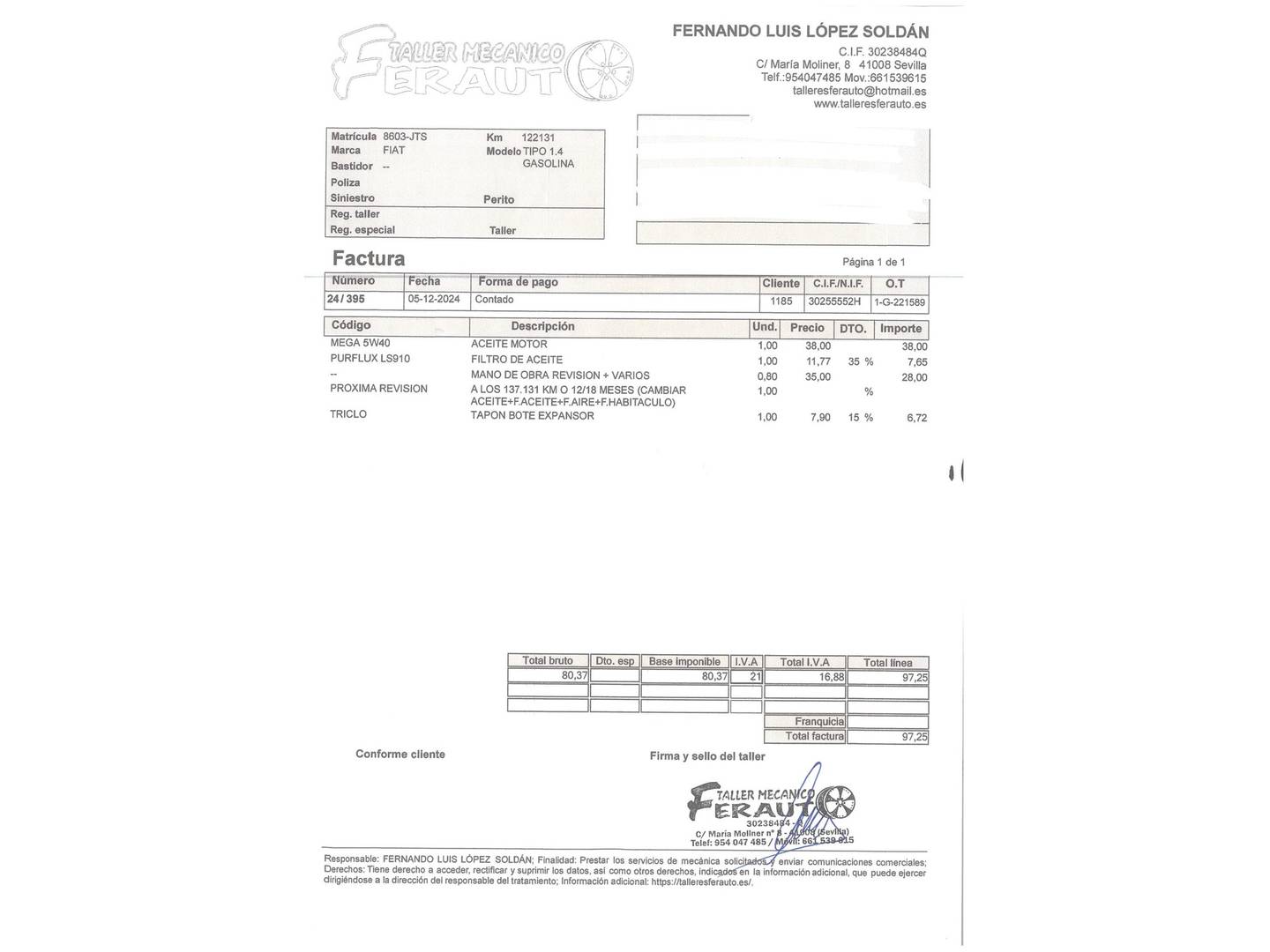 Foto del mantenimiento del Fiat Tipo Fiat Tipo Sedan Sedan 1.4 Easy (95 CV)