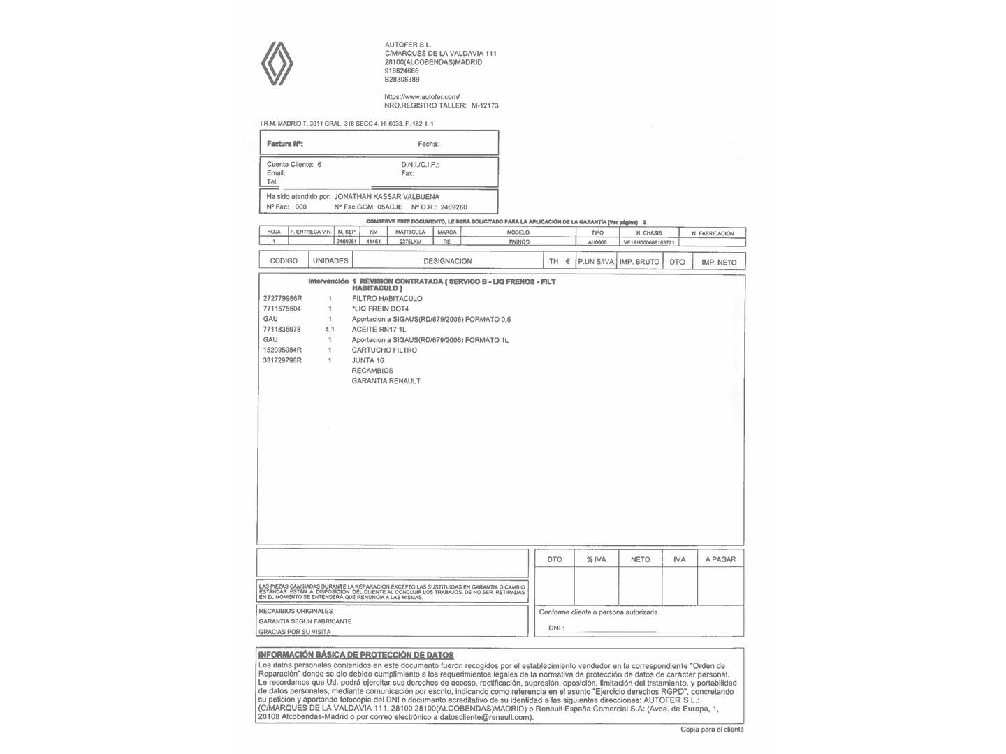 Foto del mantenimiento del Renault Twingo RENAULT Twingo Zen TCe (95CV)