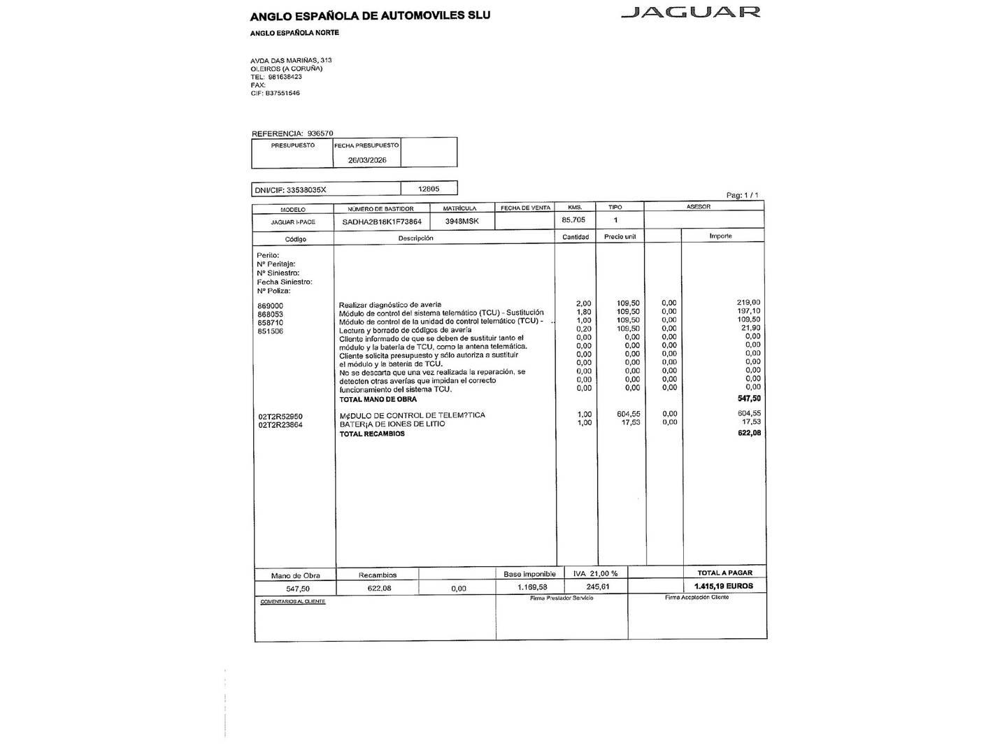 Foto del mantenimiento del Jaguar i-Pace Jaguar I-PACE EV400 HSE 4WD Auto (400 CV)