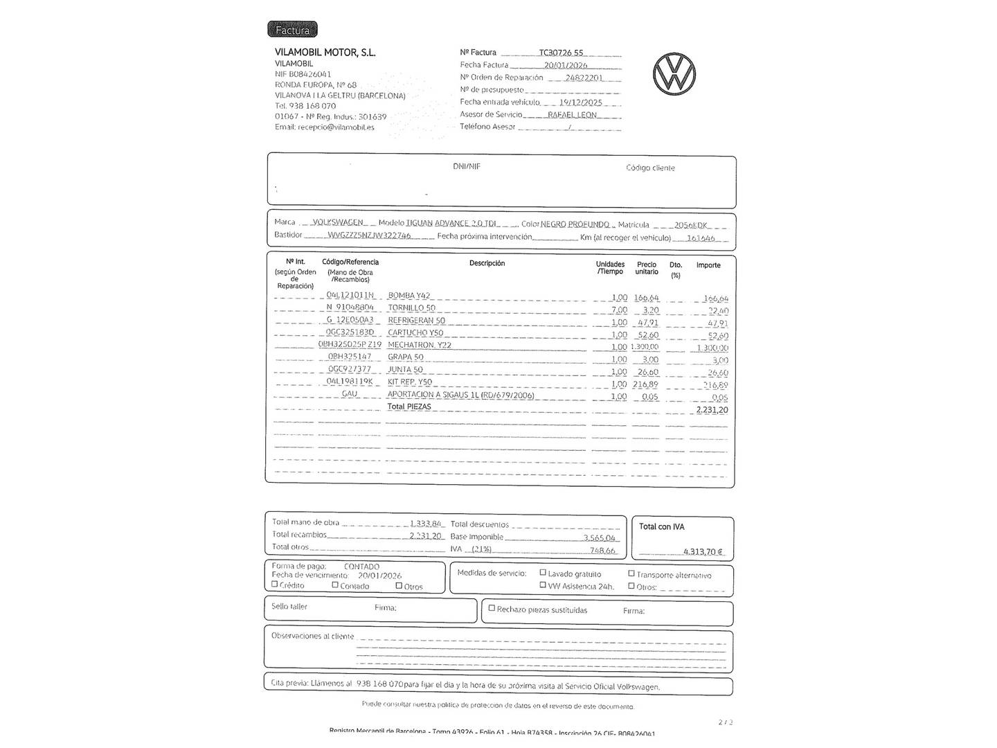 Foto del mantenimiento del Volkswagen Tiguan Volkswagen Tiguan Advance 2.0 TDI BMT 4Motion (150 CV) DSG