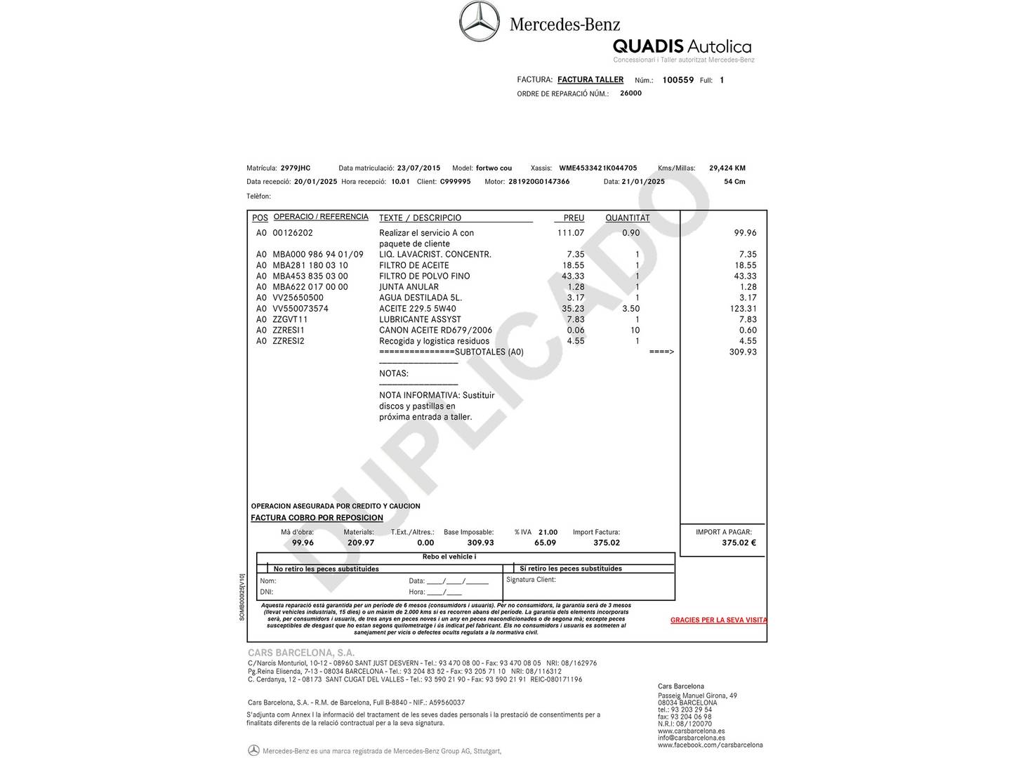 Foto del mantenimiento del Smart fortwo Smart ForTwo Coupe 52 Passion (71 CV)