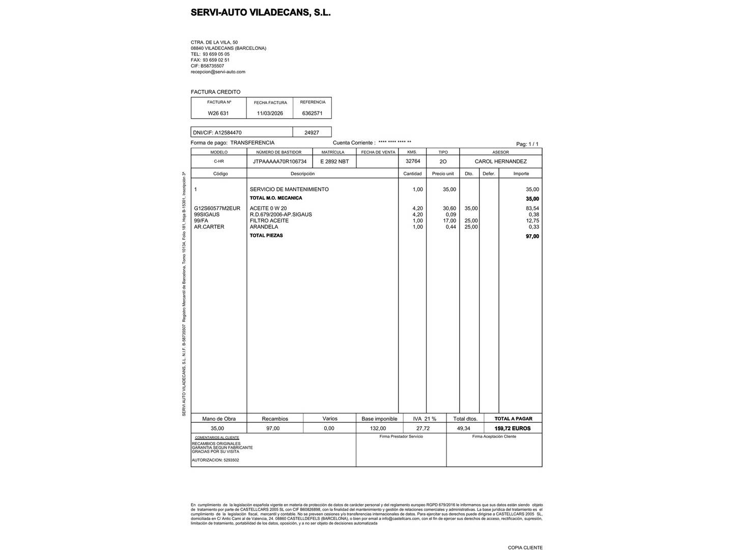 Foto del mantenimiento del Toyota C-HR Toyota C-HR 1.8 125H Advance (122 CV)