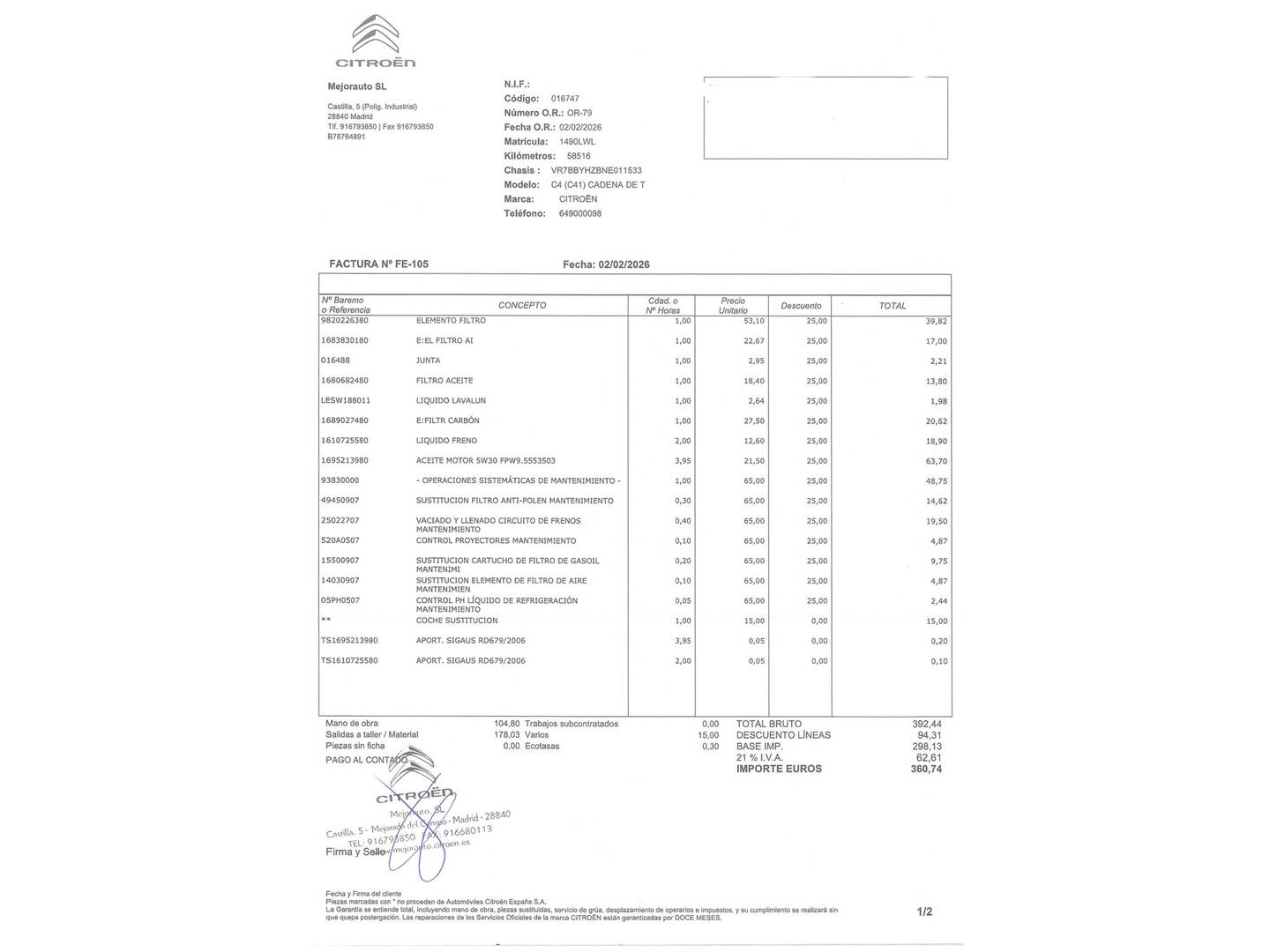 Foto del mantenimiento del Citroën C4 Citroën C4 BlueHDi 130 S&S Shine EAT8 (130 CV)