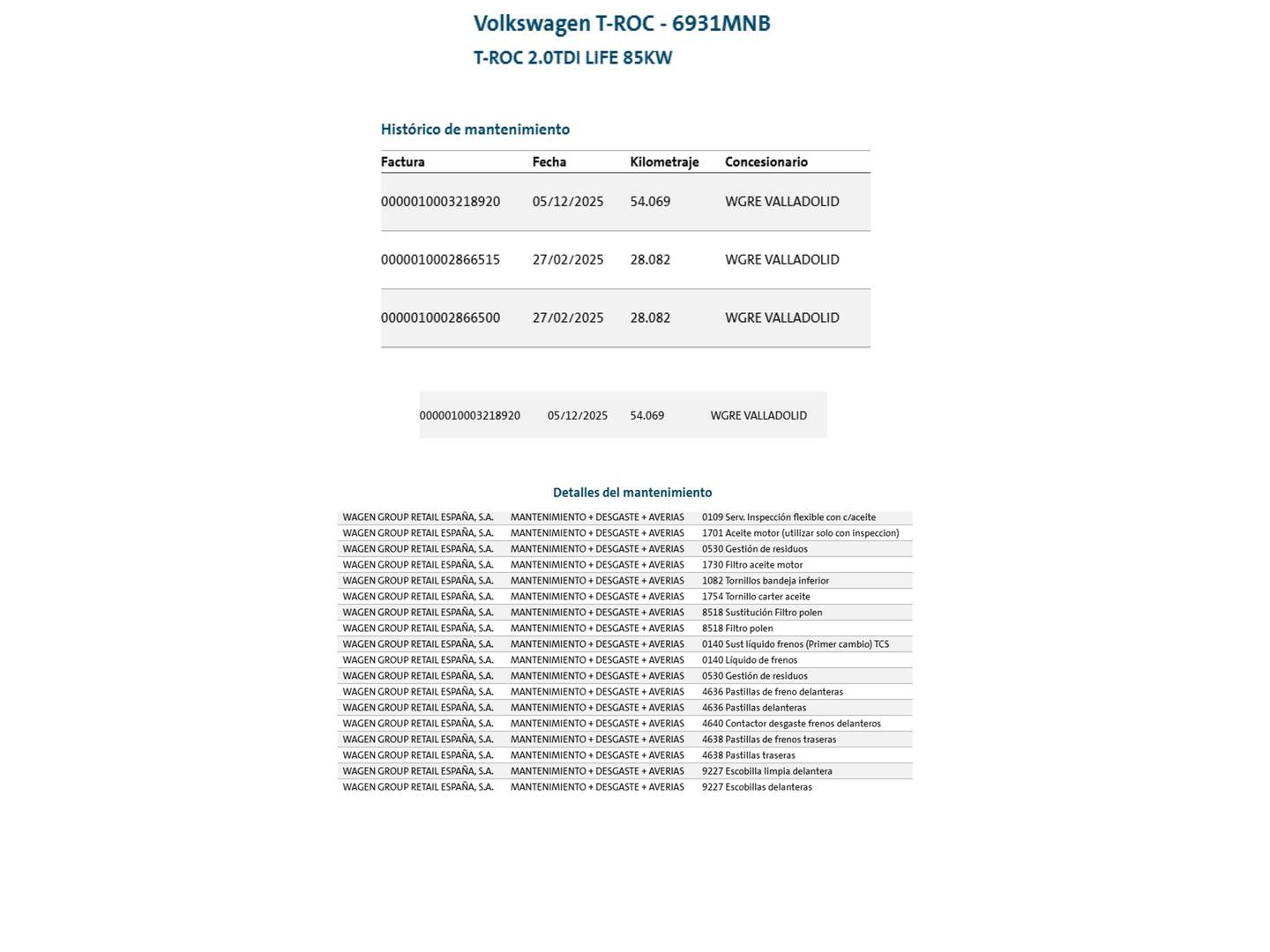 Foto del mantenimiento del Volkswagen T-Roc Volkswagen T-Roc Life 2.0 TDI (115 CV)