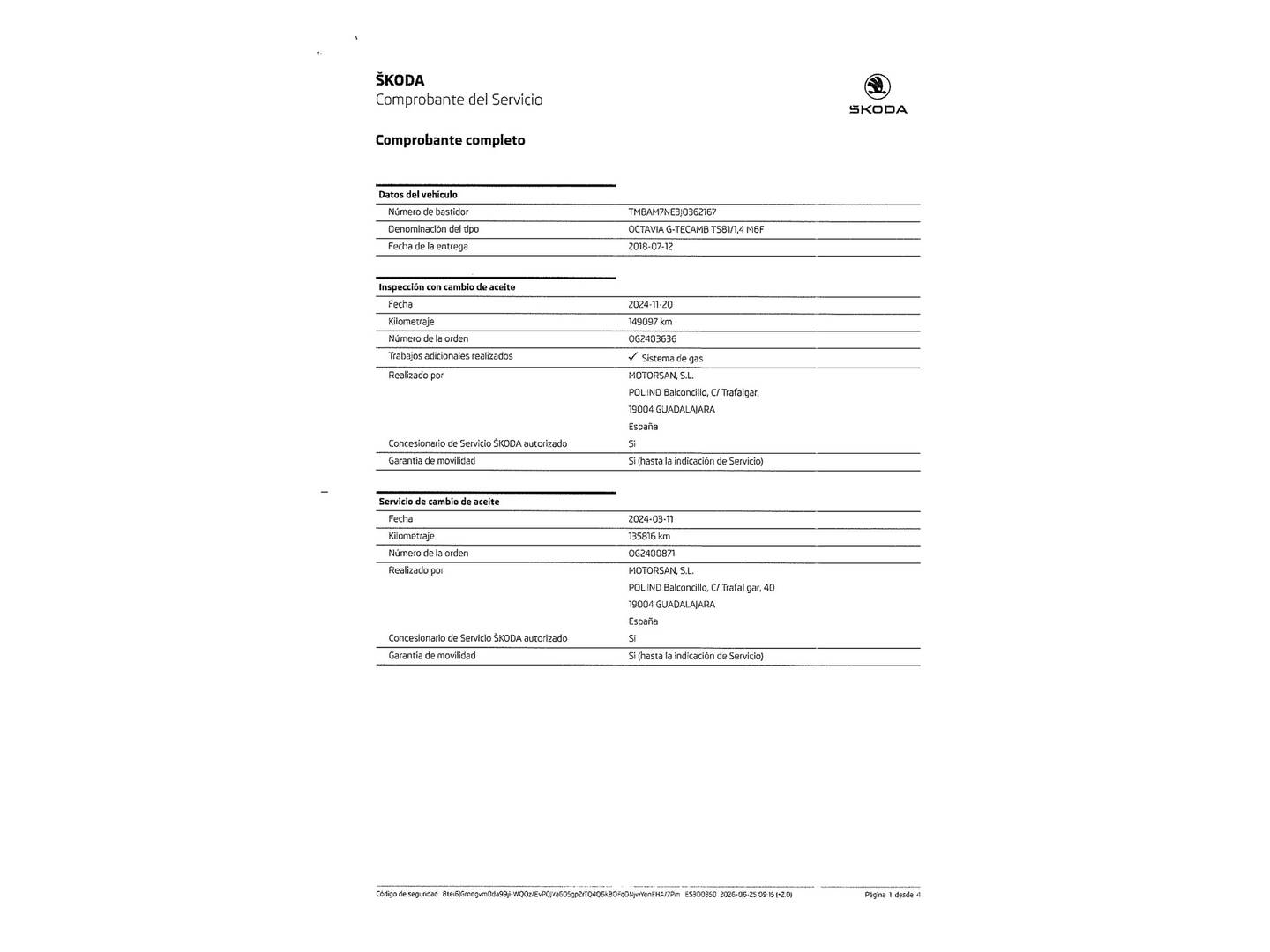 Foto del mantenimiento del Skoda Octavia Skoda Octavia 1.4 TSI CNG Like (110 CV)