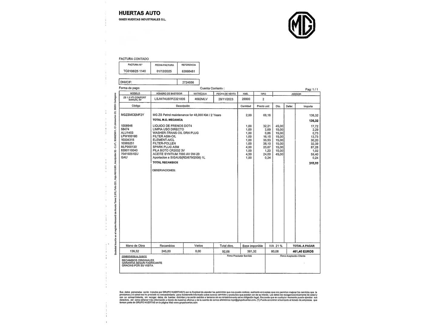 Foto del mantenimiento del MG ZS MG ZS 1.5 Comfort (106 CV)