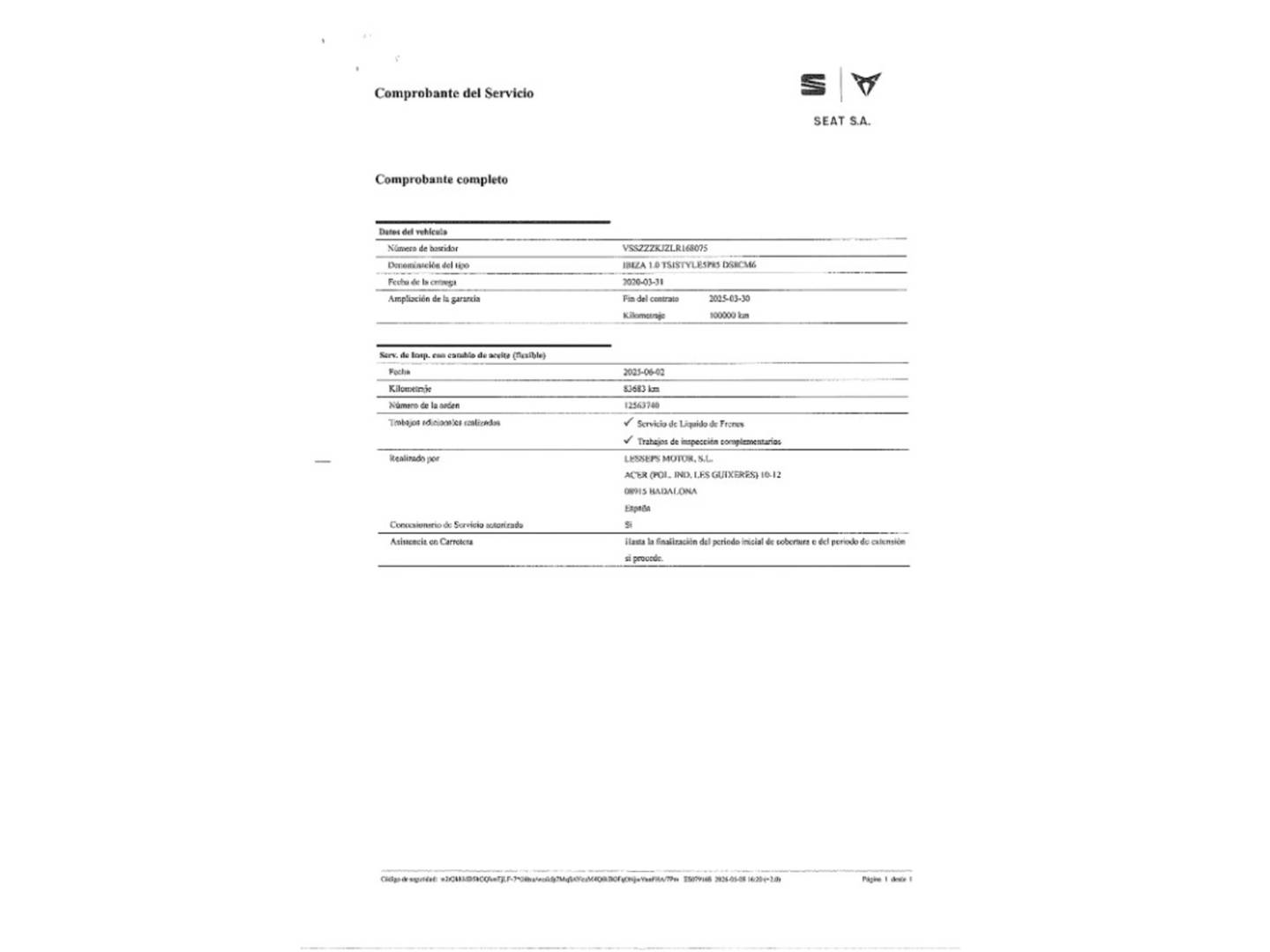 Foto del mantenimiento del Seat Ibiza Seat Ibiza 1.0 TSI Style Plus (115 CV)