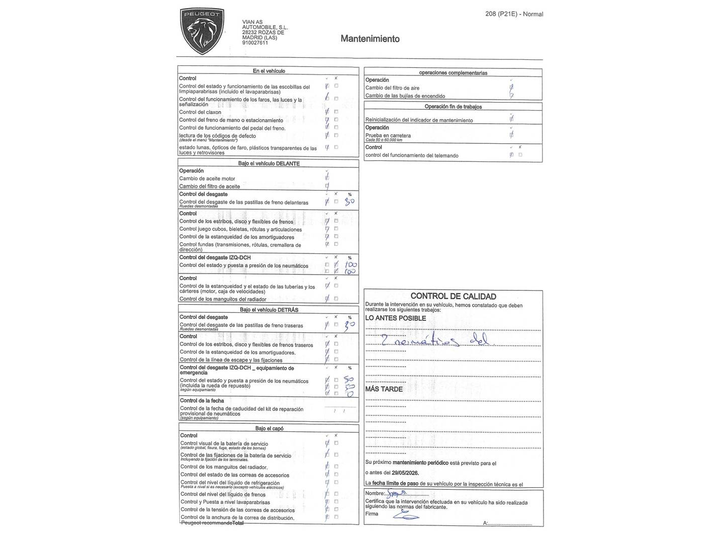 Foto del mantenimiento del Peugeot 208 Peugeot 208 PureTech 100 GT EAT8 (100 CV)