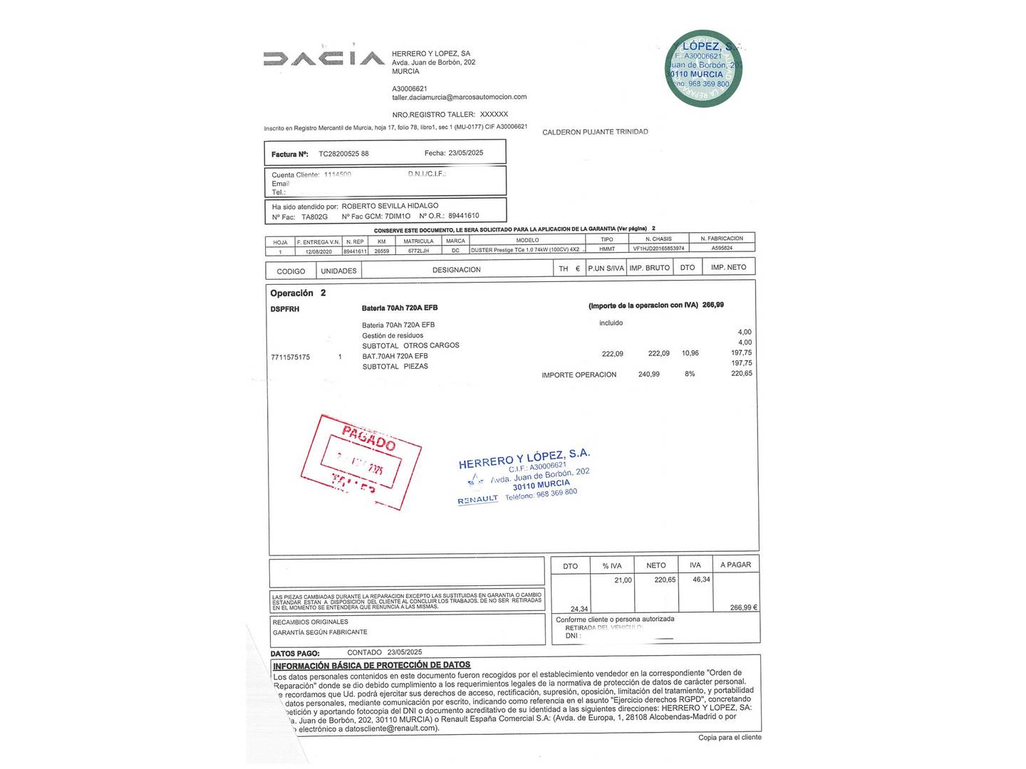 Foto del mantenimiento del Dacia Duster Dacia Duster Prestige TCE (100 CV) 4X2