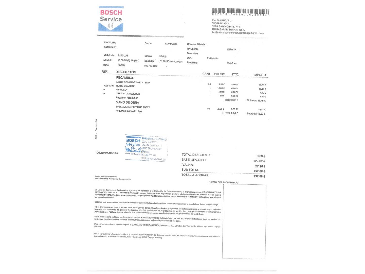 Foto del mantenimiento del Lexus IS Lexus IS 300h Business (223 CV)