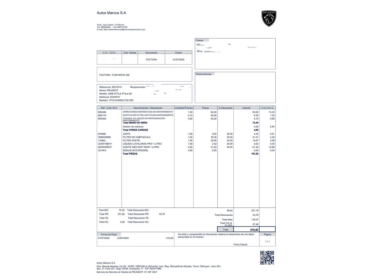 Foto del mantenimiento del Peugeot 2008 Peugeot 2008 PureTech 82 Style (82 CV)