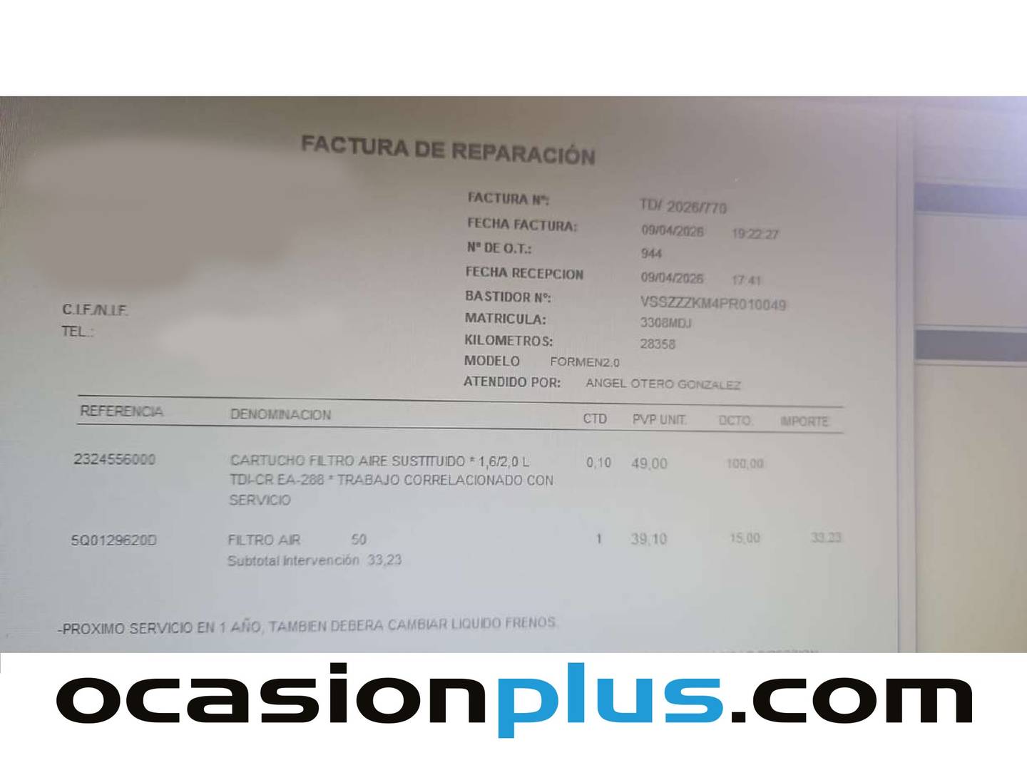 Foto del mantenimiento del Cupra Formentor Cupra Formentor 2.0 TDI (150 CV)