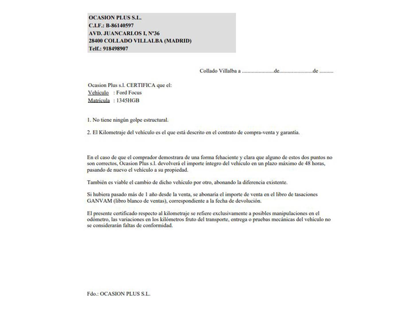 Foto del certificado del Ford Focus Ford Focus 1.6 Ecoboost Titanium (182 CV)