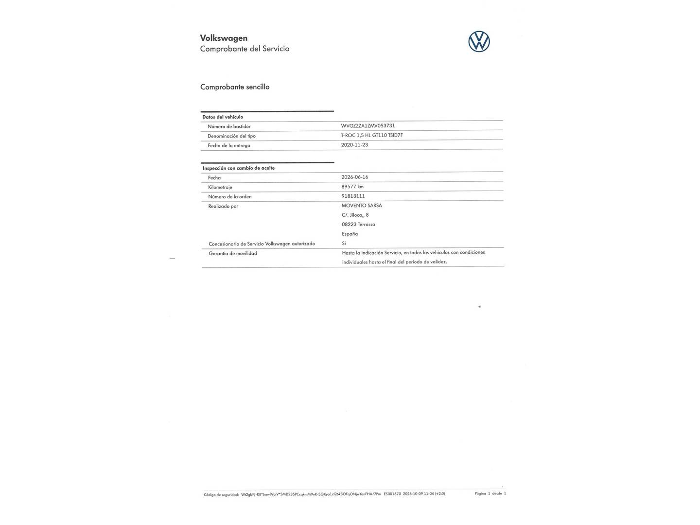 Foto del mantenimiento del Volkswagen T-Roc Volkswagen T-Roc Sport 1.5 TSI (150 CV) DSG