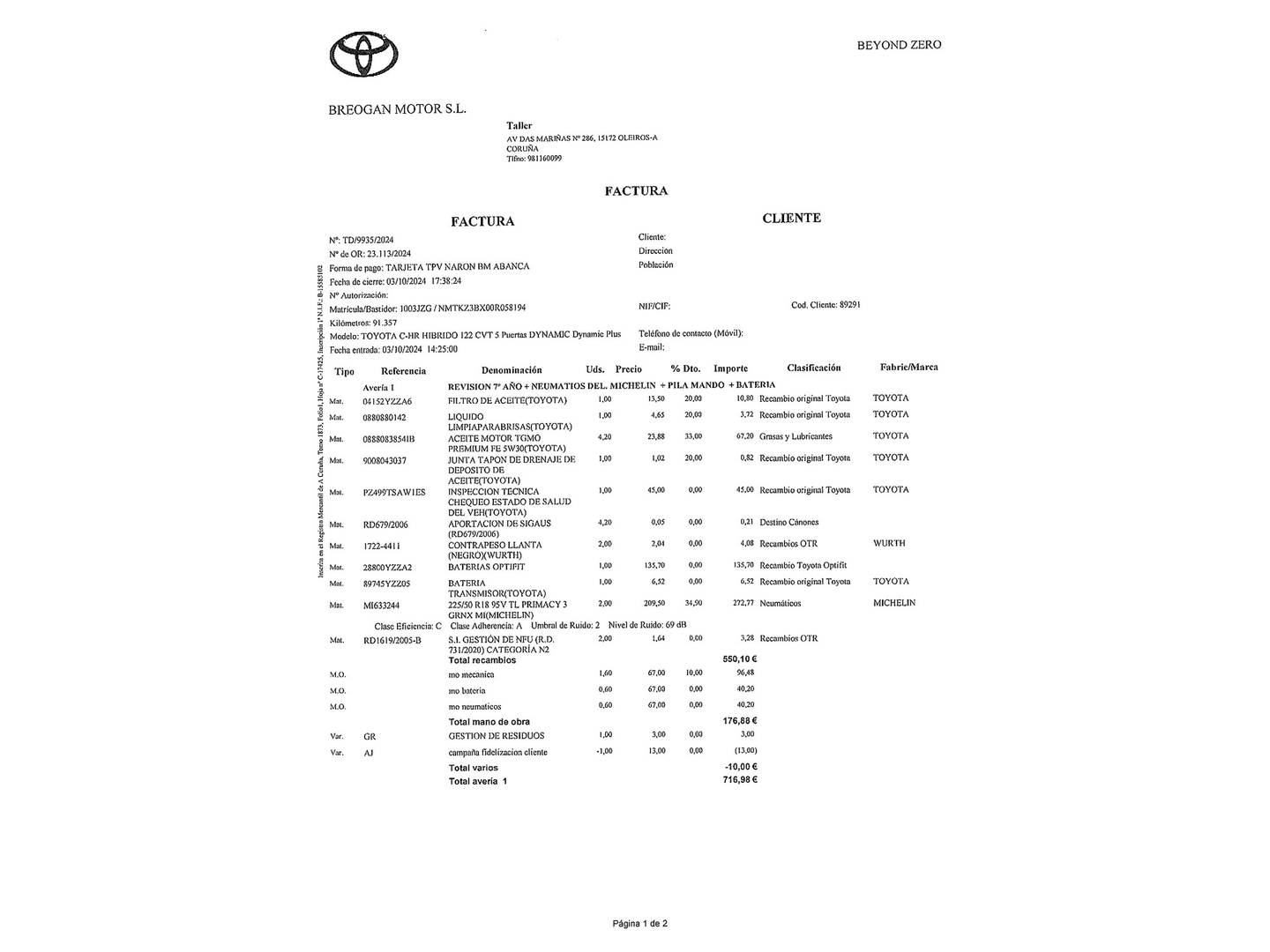 Foto del mantenimiento del Toyota C-HR Toyota C-HR 1.8 125H Advance (122 CV)