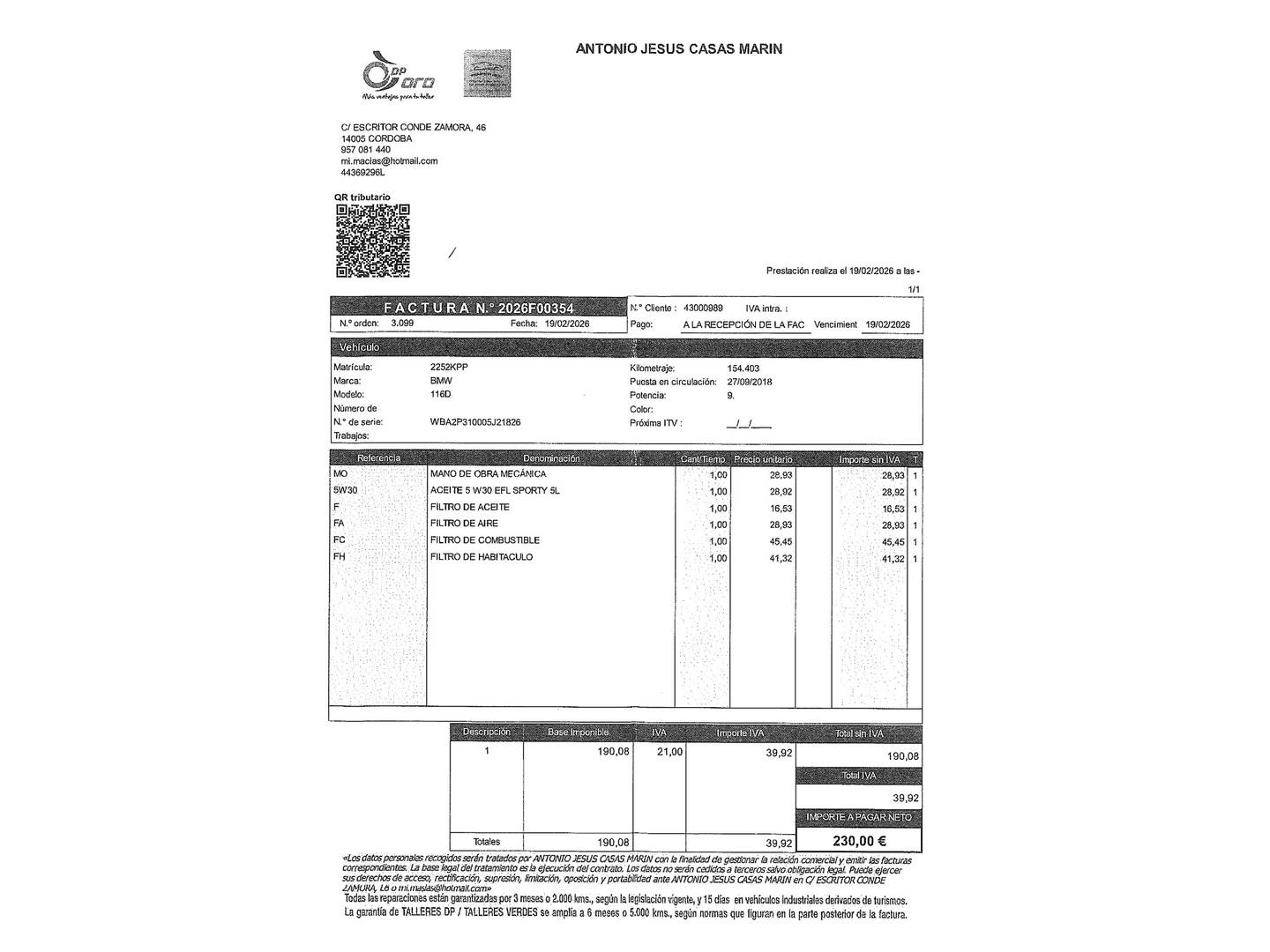Foto del mantenimiento del BMW Serie 1 BMW Serie 1 116d (116 CV) Pack M