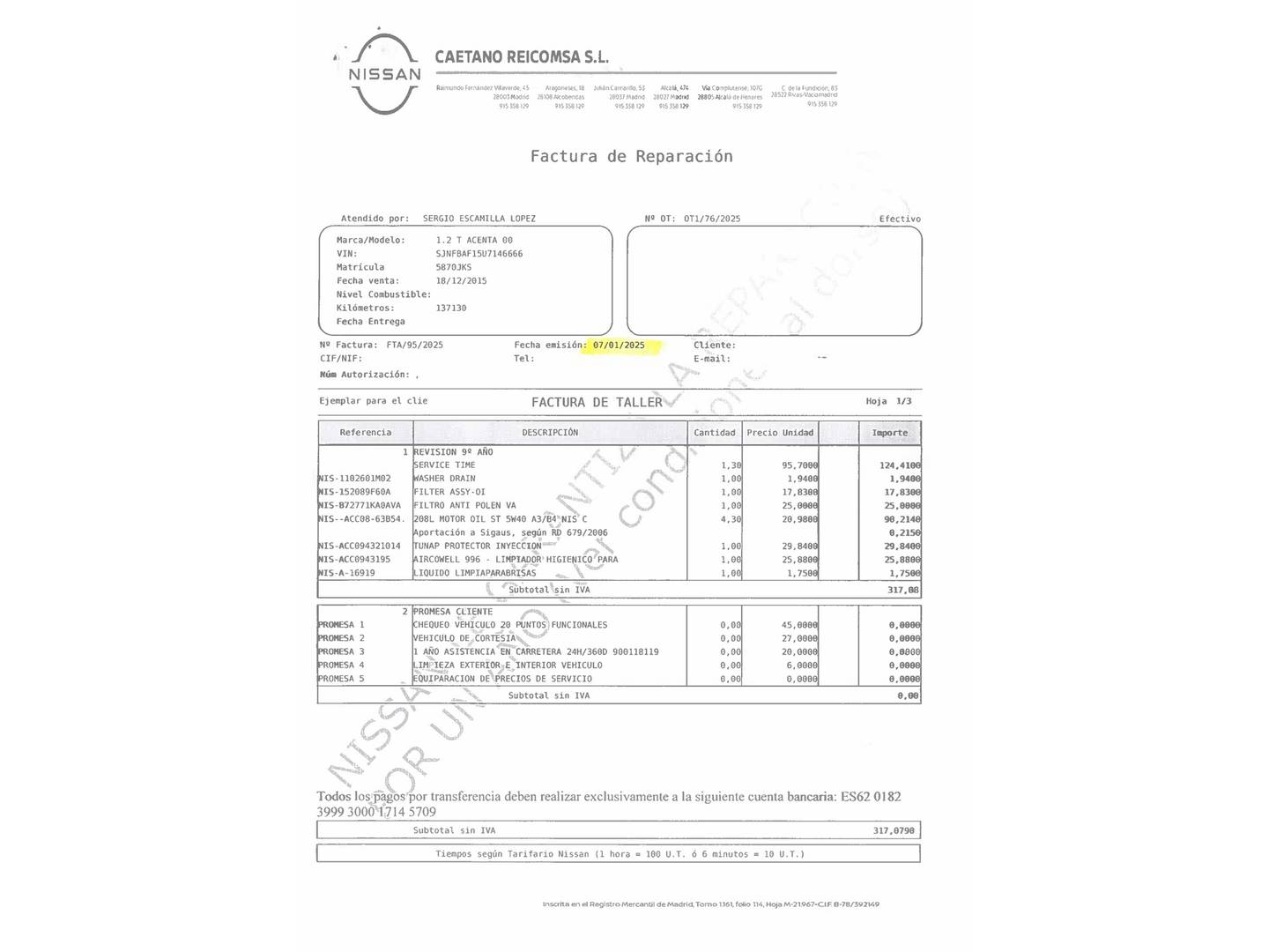 Foto del mantenimiento del Nissan JUKE Nissan Juke 1.6 N-Connecta 4x2 XTronic (117 CV)