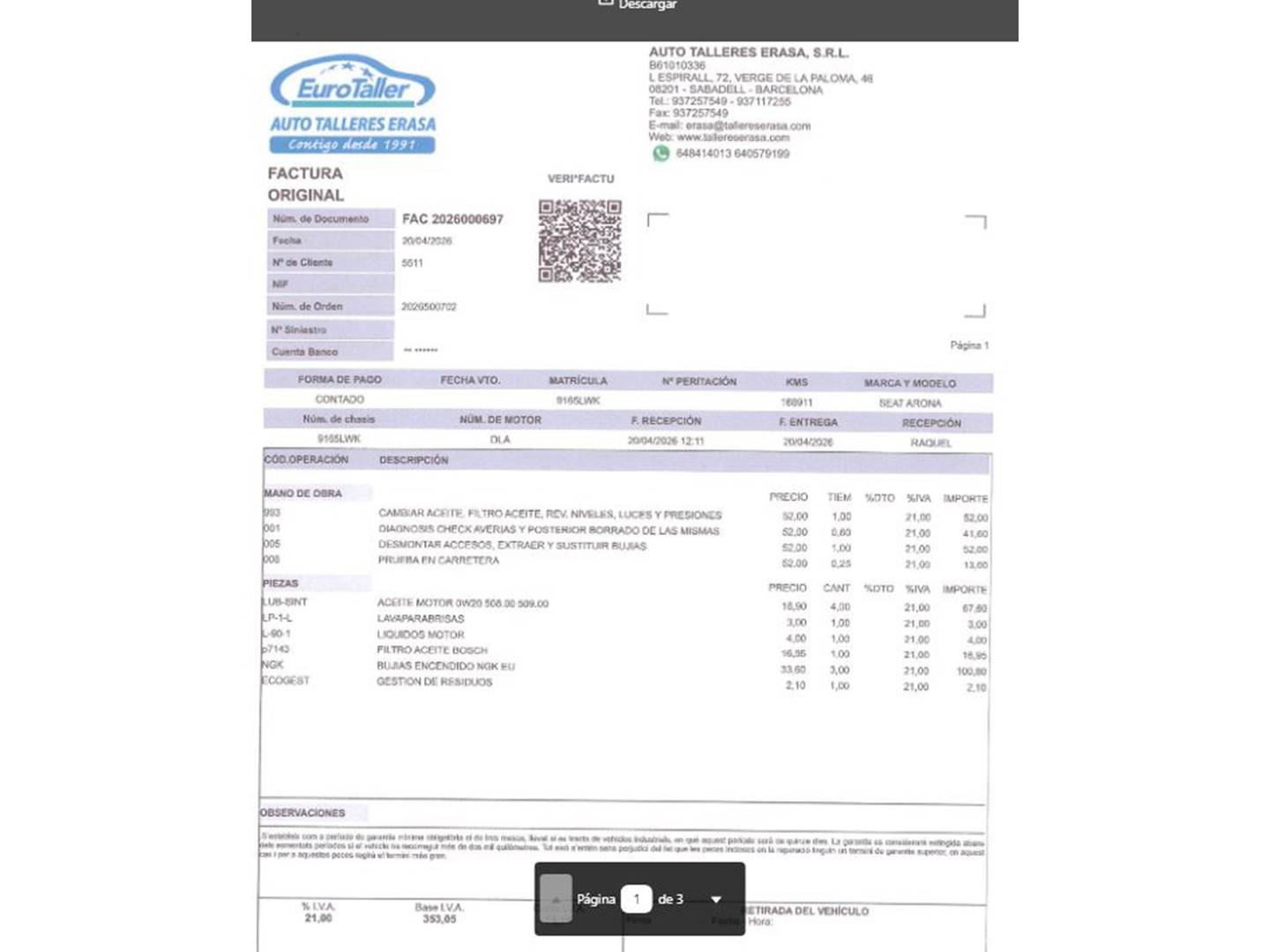 Foto del mantenimiento del Seat Arona Seat Arona 1.0 TSI Reference (95 CV)