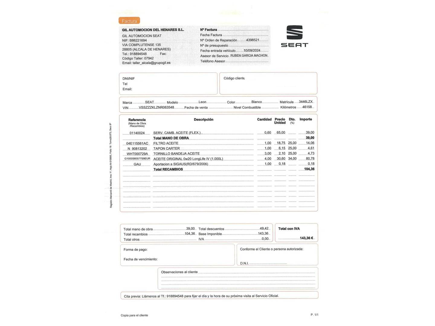 Foto del mantenimiento del Seat León Seat León 1.0 eTSI S&S Style Go S DSG (110 CV)