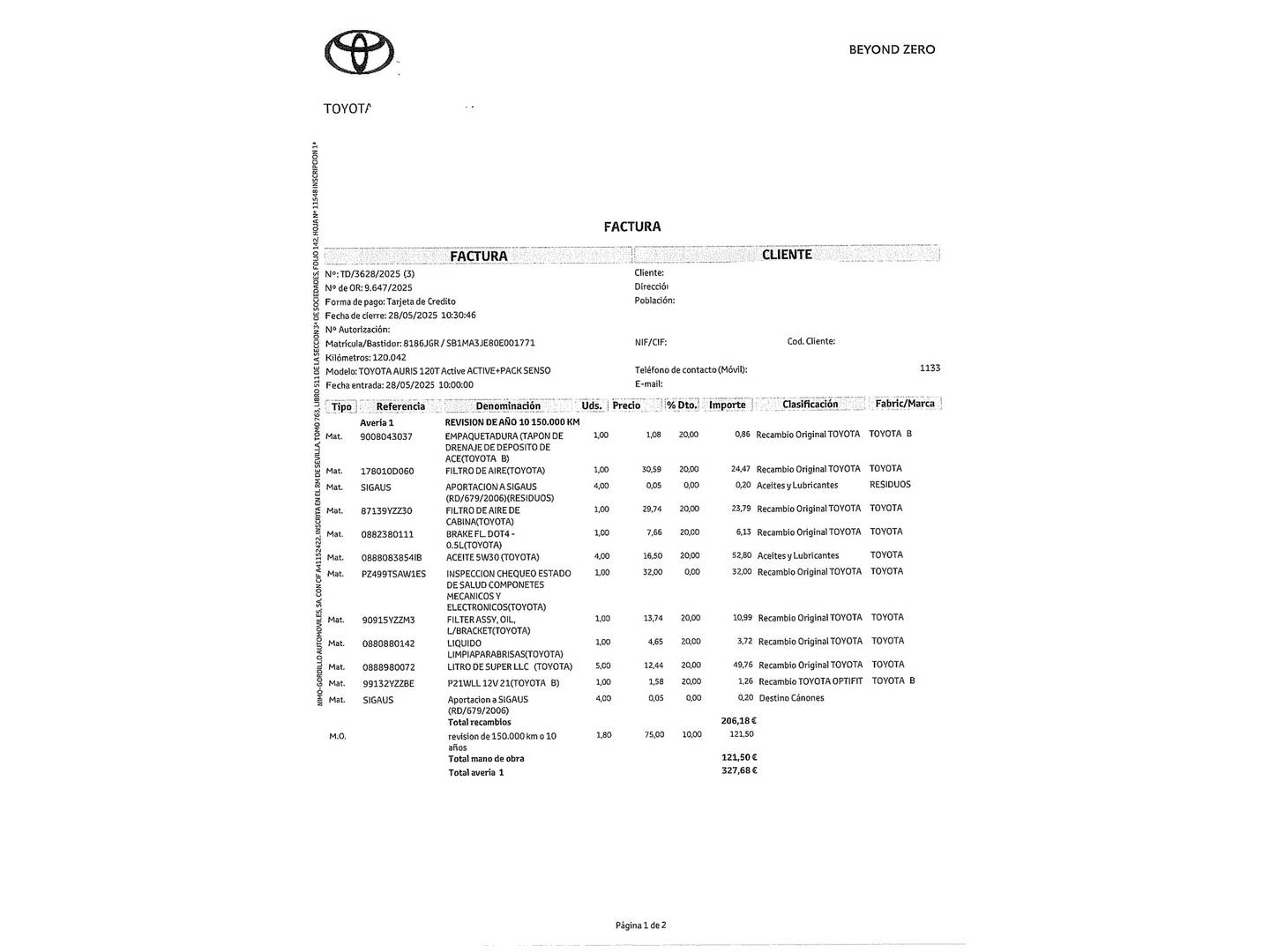 Foto del mantenimiento del Toyota Auris Toyota Auris 120T Active (116 CV)