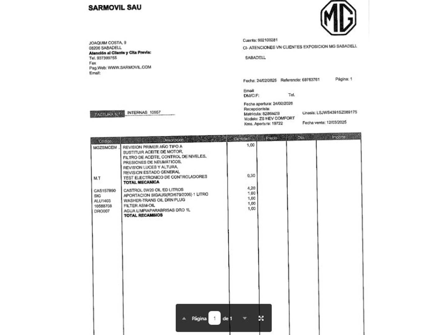 Foto del mantenimiento del MG ZS MG ZS 1.5 Hybrid+ Comfort (197 CV)