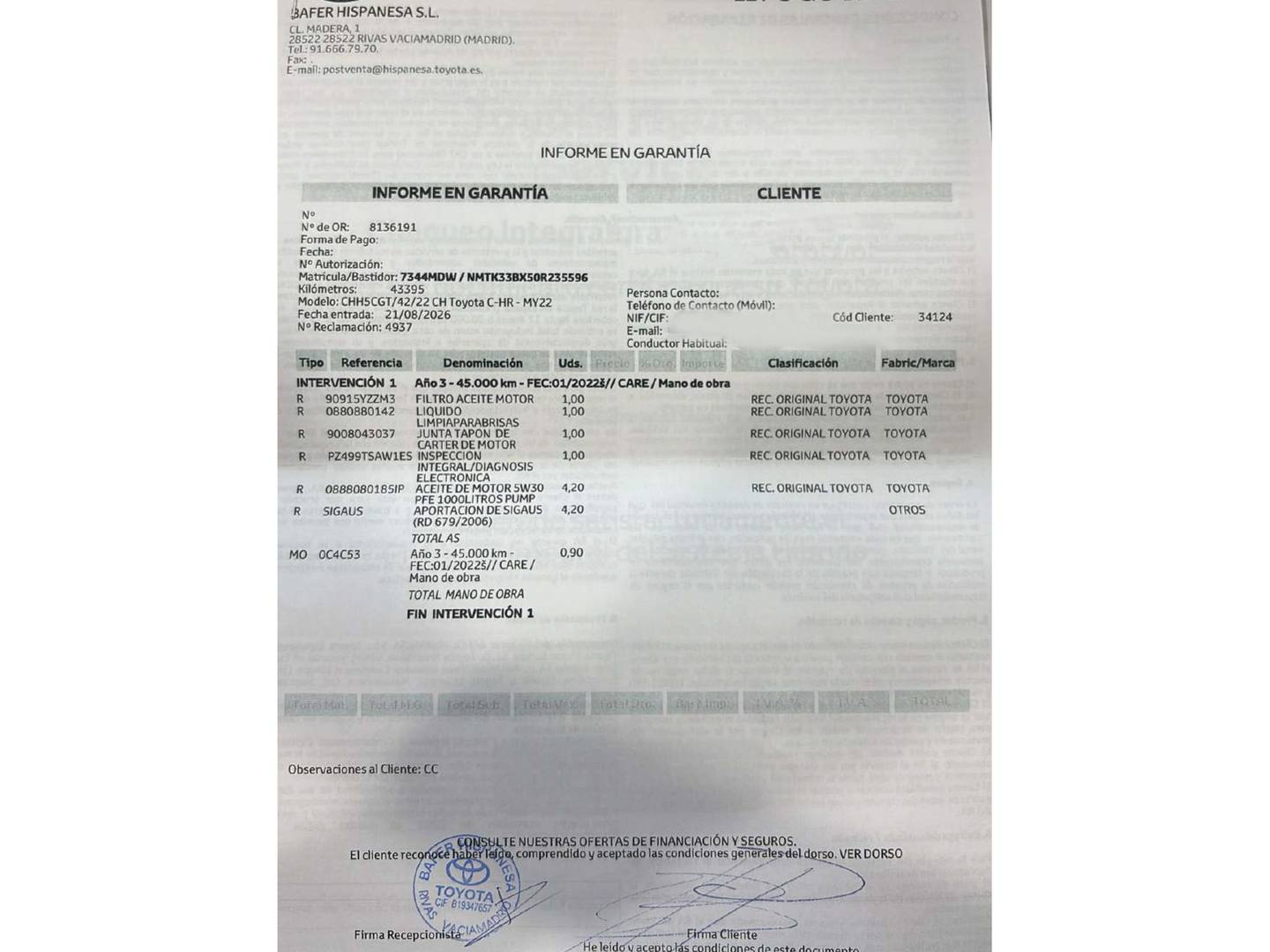 Foto del mantenimiento del Toyota C-HR Toyota C-HR 1.8 125H Advance (122 CV)