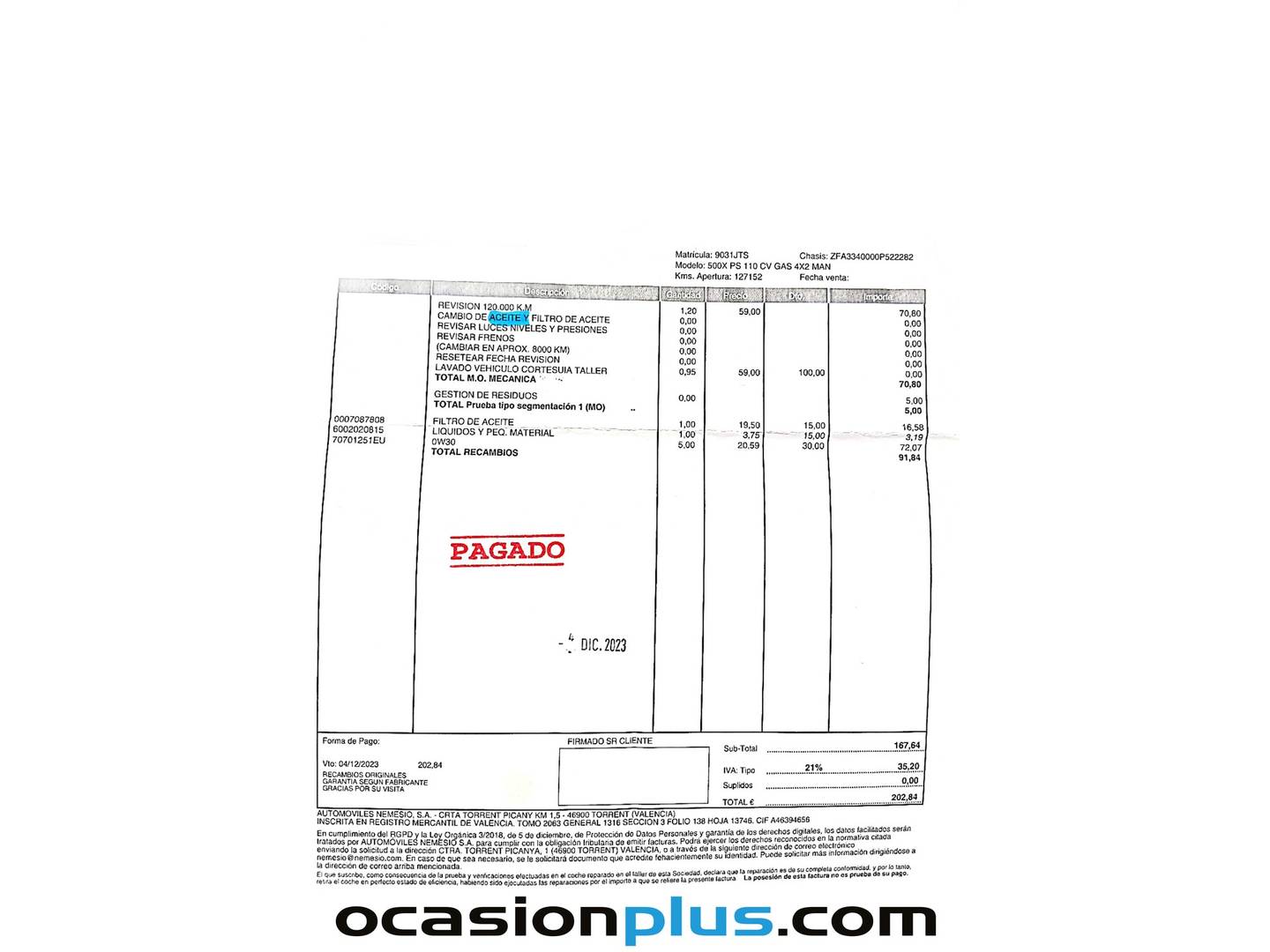 Foto del mantenimiento del Fiat 500X Fiat 500X 1.6 E-Torq Pop Star 4x2 (110 CV)