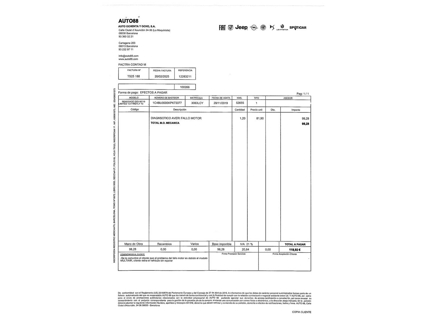 Foto del mantenimiento del Jeep Renegade Jeep Renegade 1.0G Limited 4x2 (120 CV)
