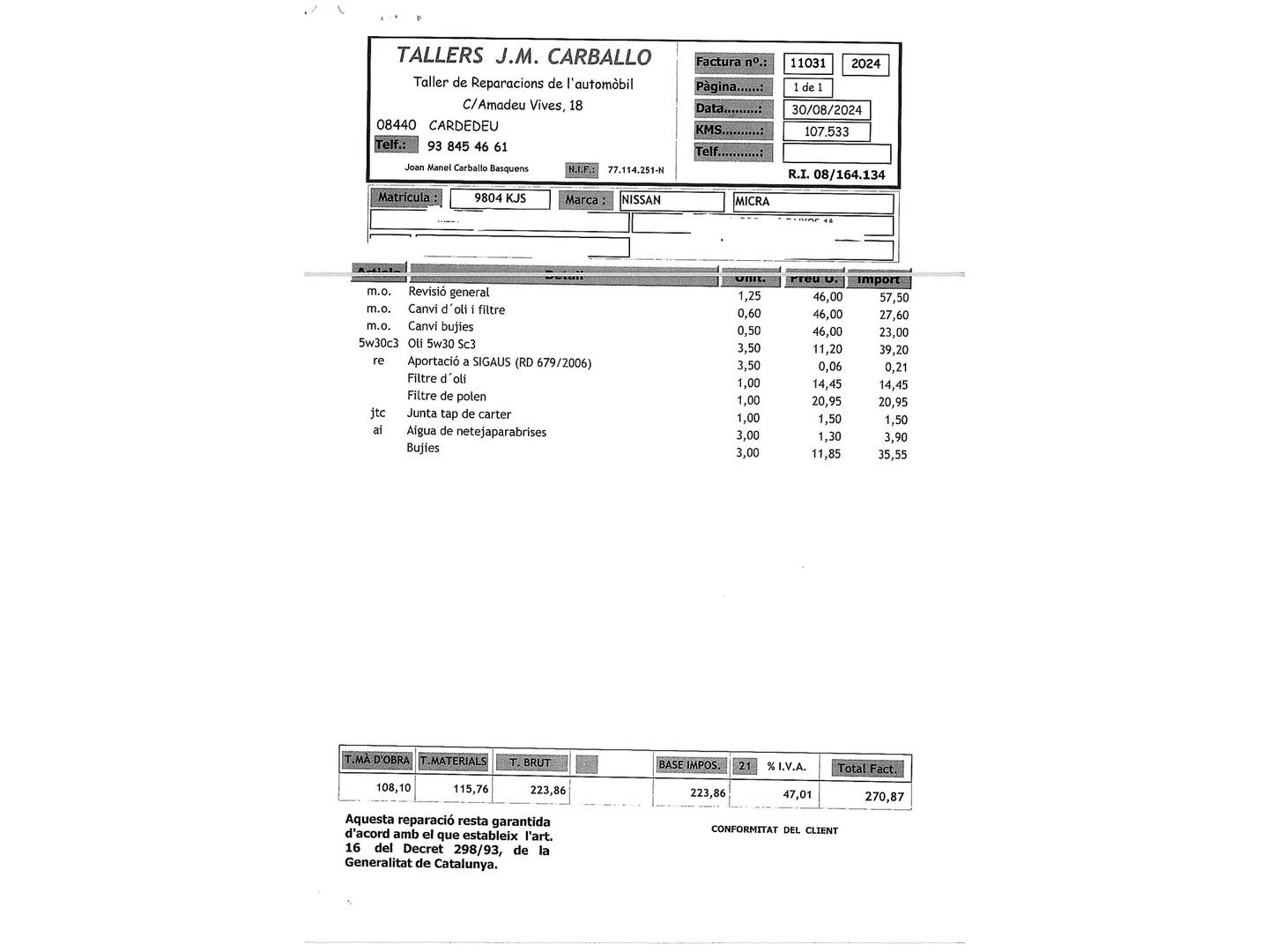 Foto del mantenimiento del Nissan Micra Nissan Micra 1.0 G Acenta (71 CV)