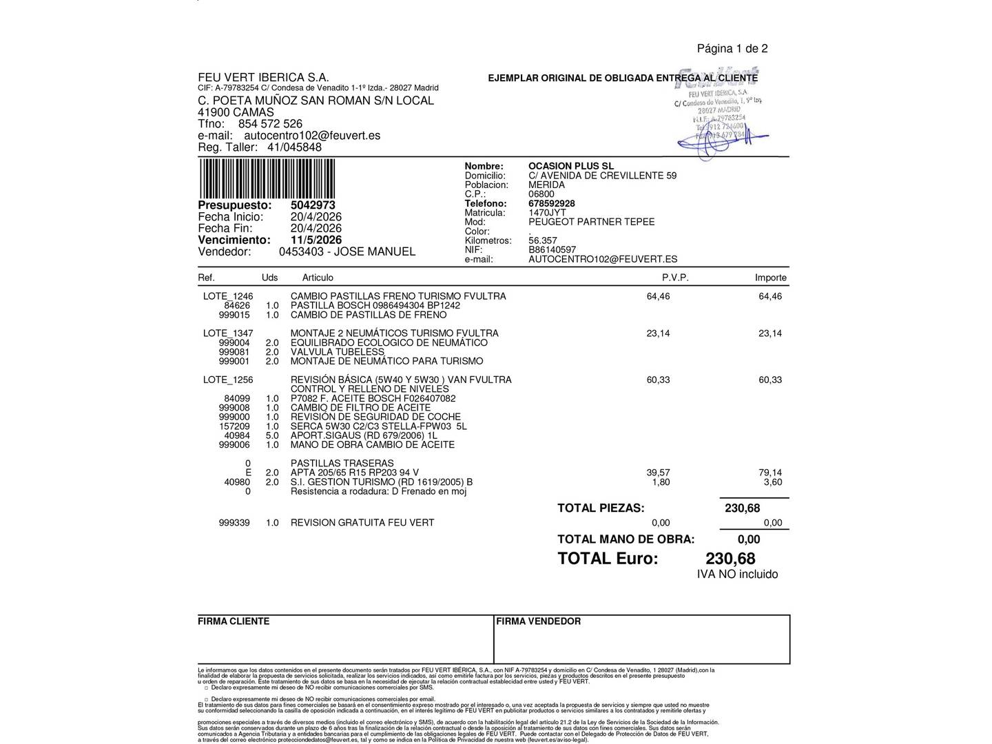 Foto del mantenimiento del Peugeot Partner Peugeot Partner Tepee Tepee BlueHDi 100 Active (100 CV)